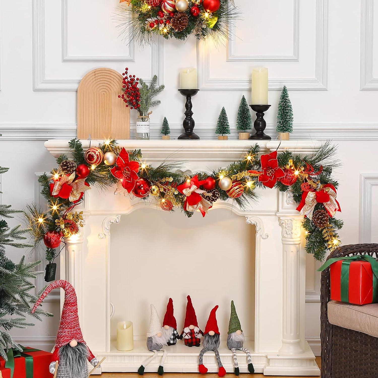 LaxMax Christmas Lighted Garland, Red and Gold Theme 6FT 20LED Pre-Lit Christmas Garland with Ball Ornaments, Flowers, Ribbons, Pine Cones and Berries for Door Stairs Mantle Christmas Decoration O1