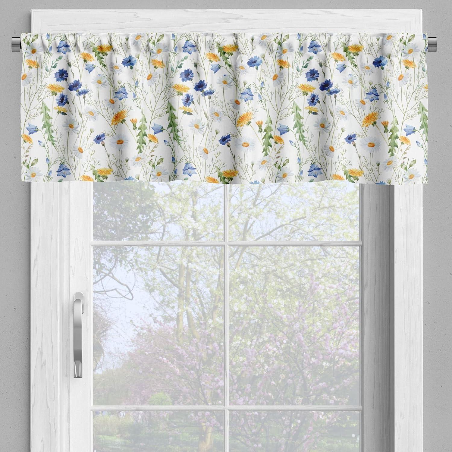 Ambesonne Nature Valance & Curtain, Poppies Daisies Rural, 55"x30", Pale Green Yellow Blue