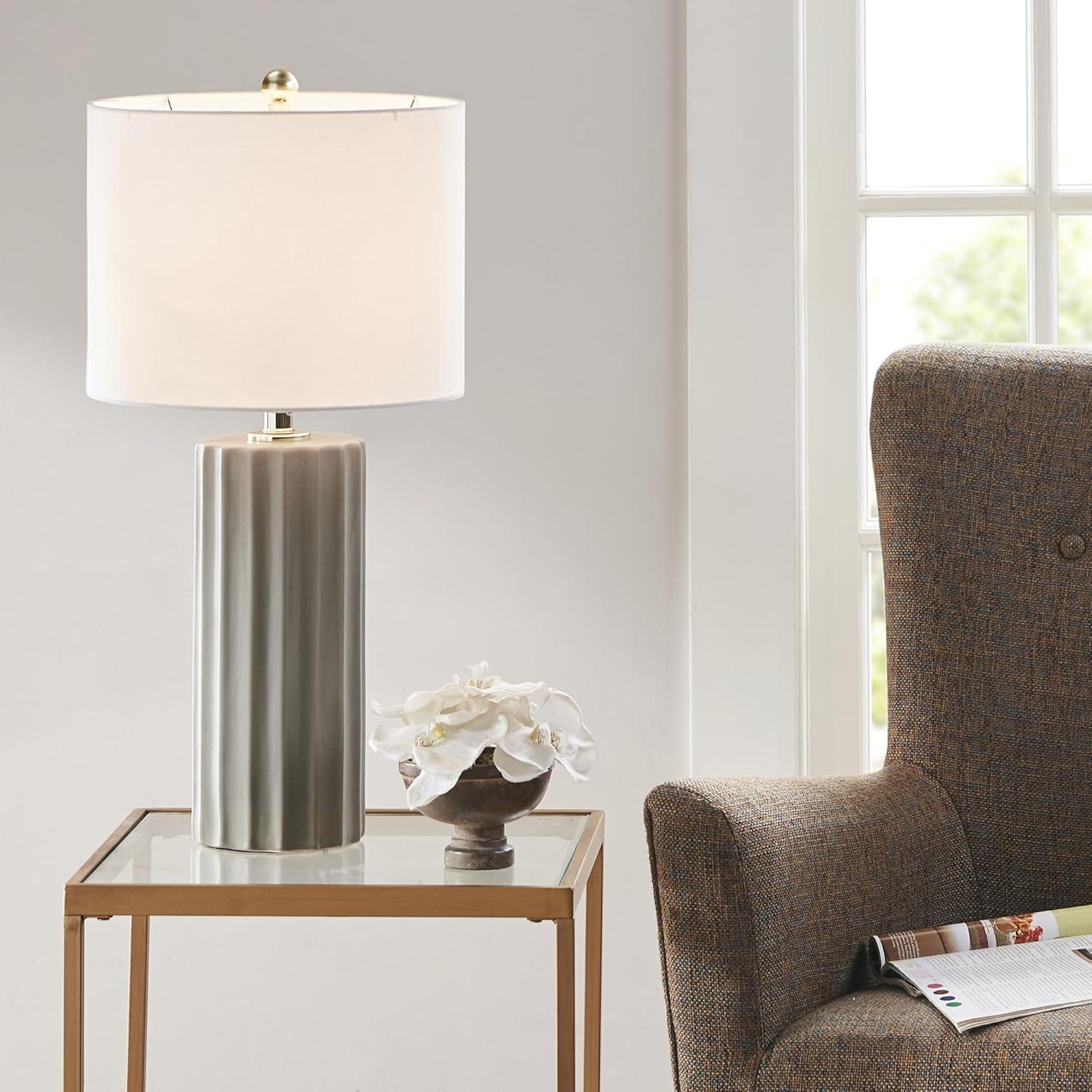 Gray Ribbed Ceramic Table Lamp with White Drum Shade