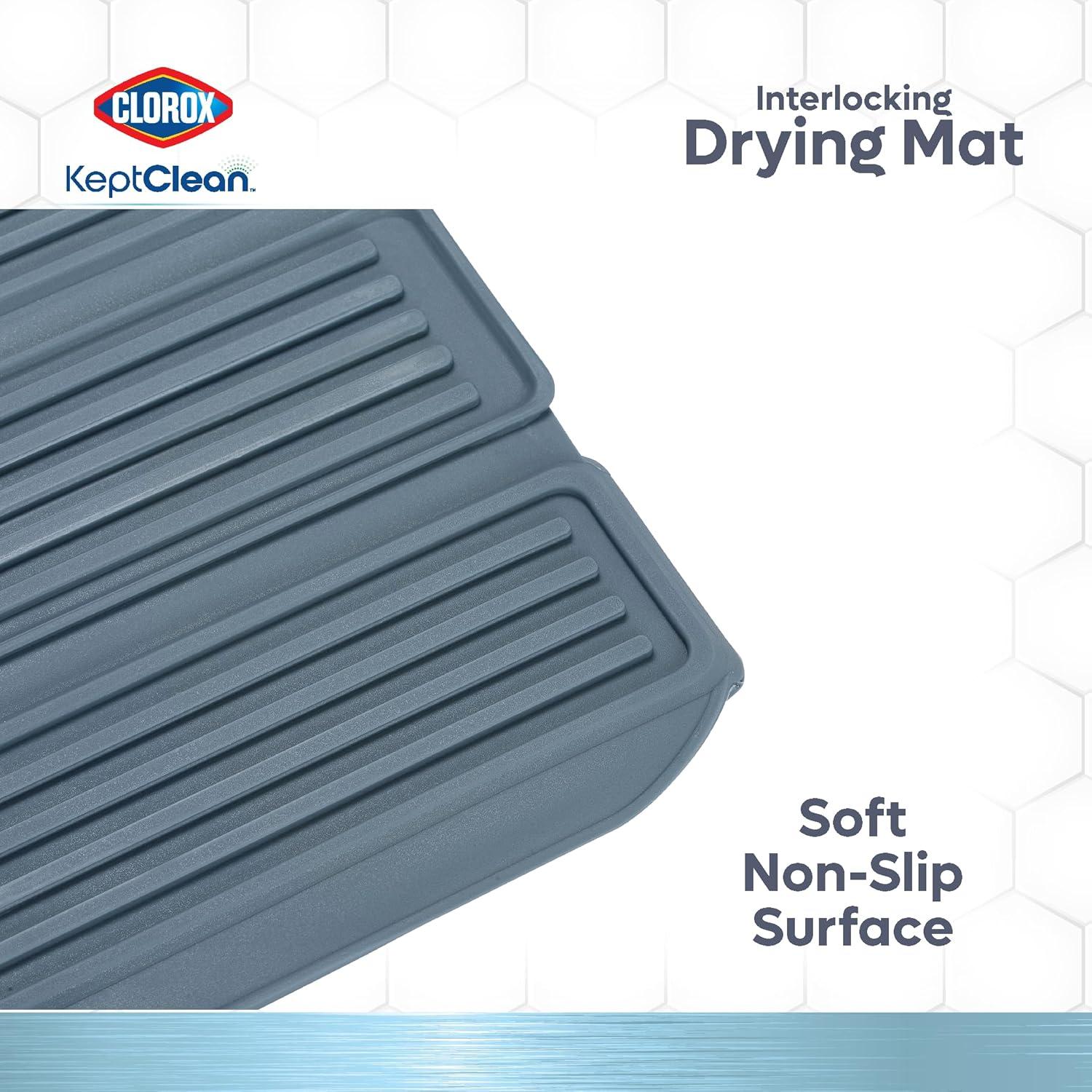 Clorox KeptClean Interlocking Non-Slip Dish Drying Mat – Flexible, Foldable, Durable, Quick-Dry Mat, Interlocking Panels for Various Drying Elevations, Folds Compact for Storage - Steel Blue