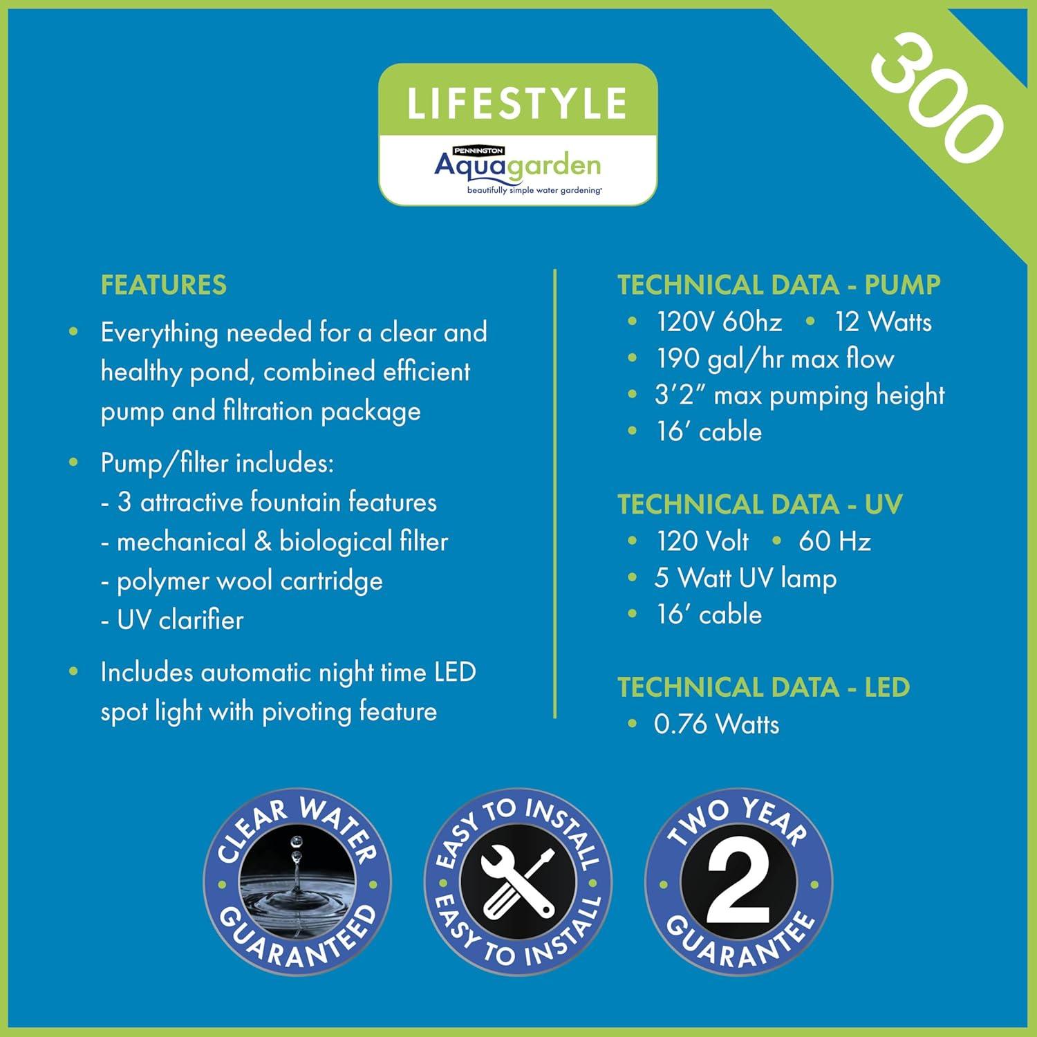 Pennington Aquagarden, Inpond 5 in 1 Pond & Water Pump, Filter, UV Clarifier, LED Spotlight and Fountain, All in One solution for a Clean, Clear, and Beautiful pond, for Ponds up to 300 Gallons