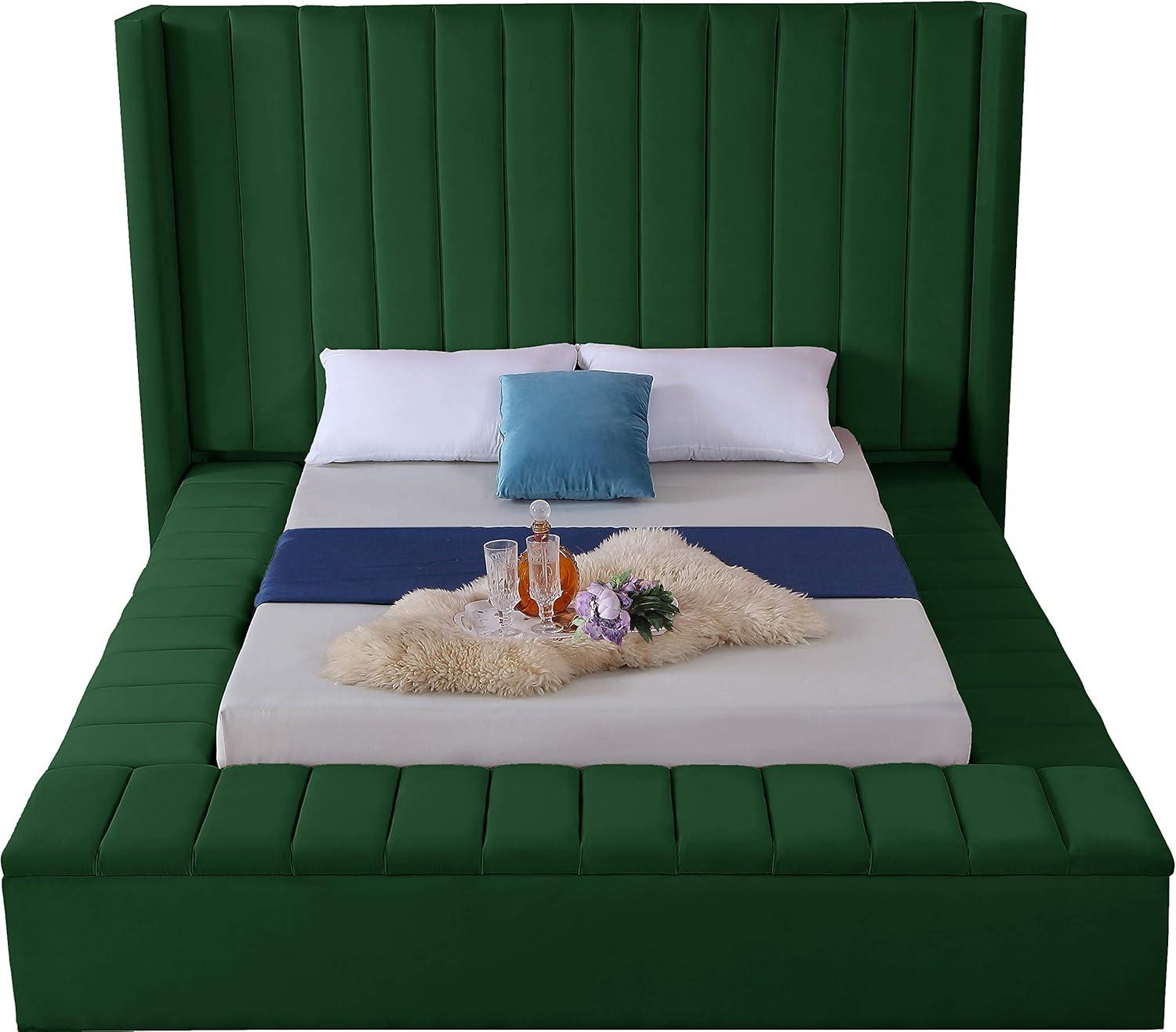 Meridian Furniture Kiki Solid Wood and Velvet Queen Bed in Green