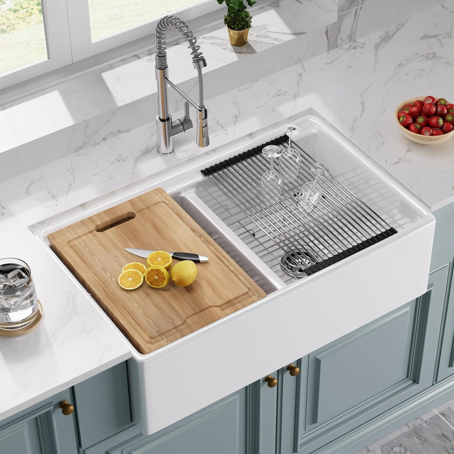 33X20 Inch White Farmhouse Sink Workstation Ceramic Single Bowl Farm Kitchen Sink White Ceramic