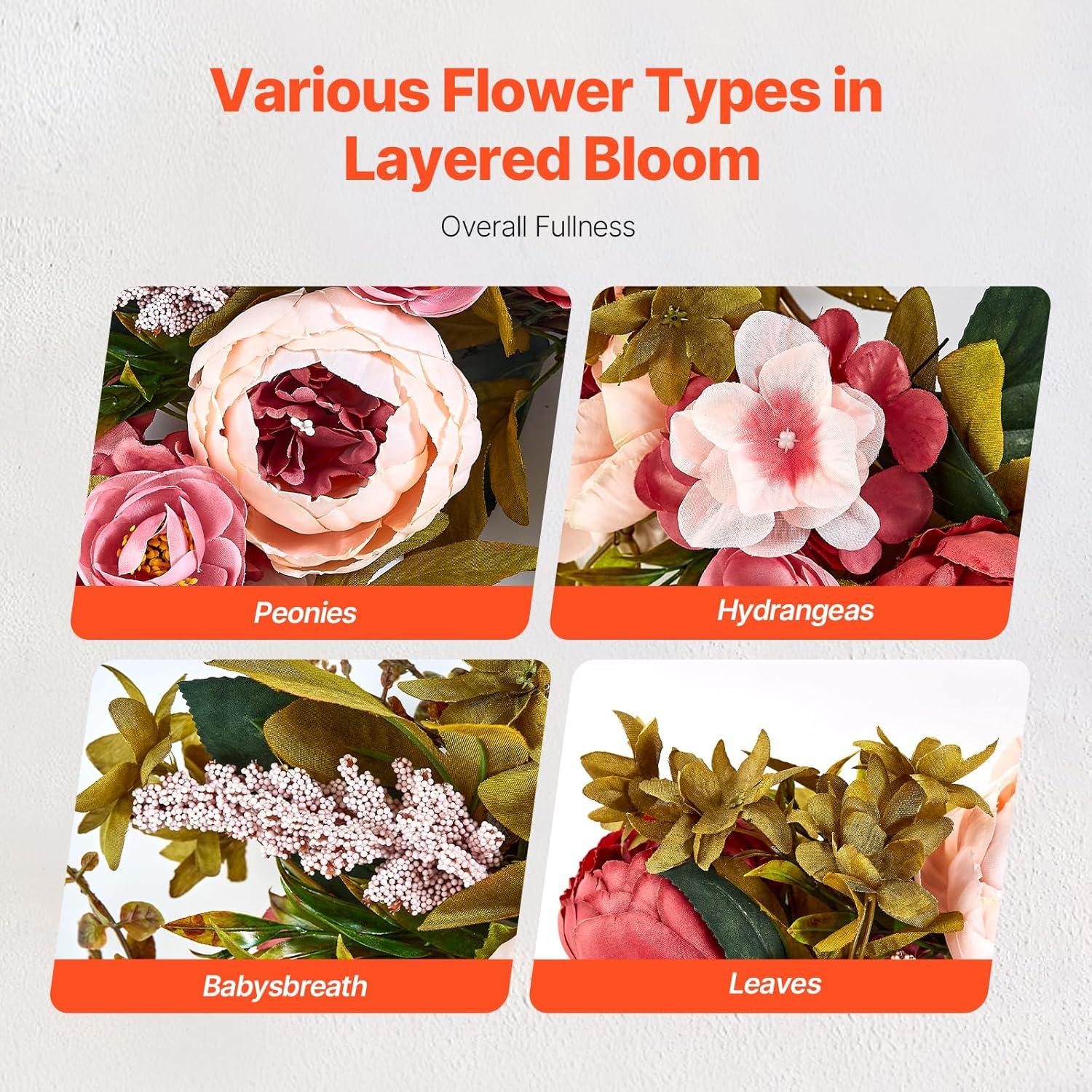 VEVOR Spring Wreath for Front Door 19 Inch - Artificial Peony Floral Wreath with Greenery, Year-Round All Season Outdoor Indoor Decor