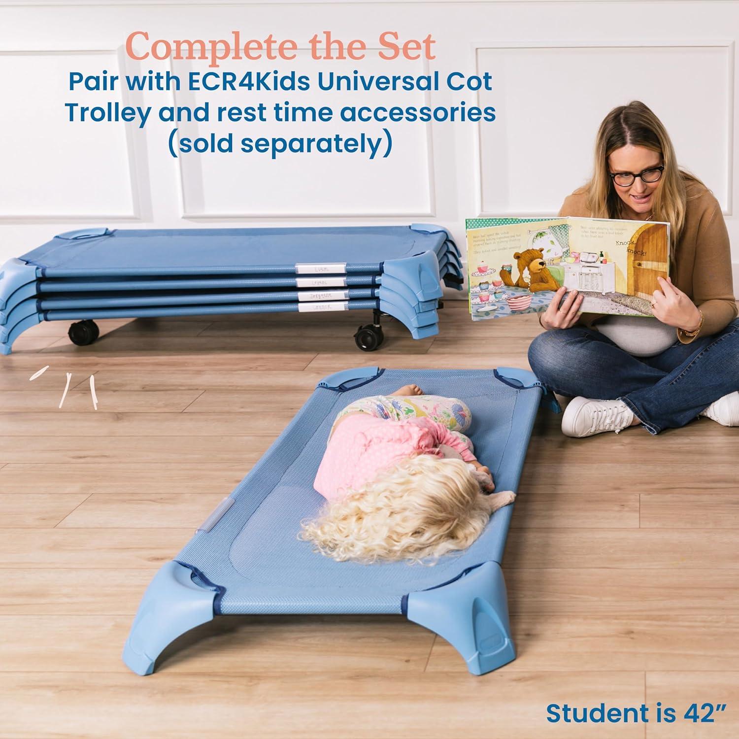 ECR4Kids ECR4Kids Stackable Kiddie Cot with Sheet, Classroom Furniture, Blue (Set of 6)