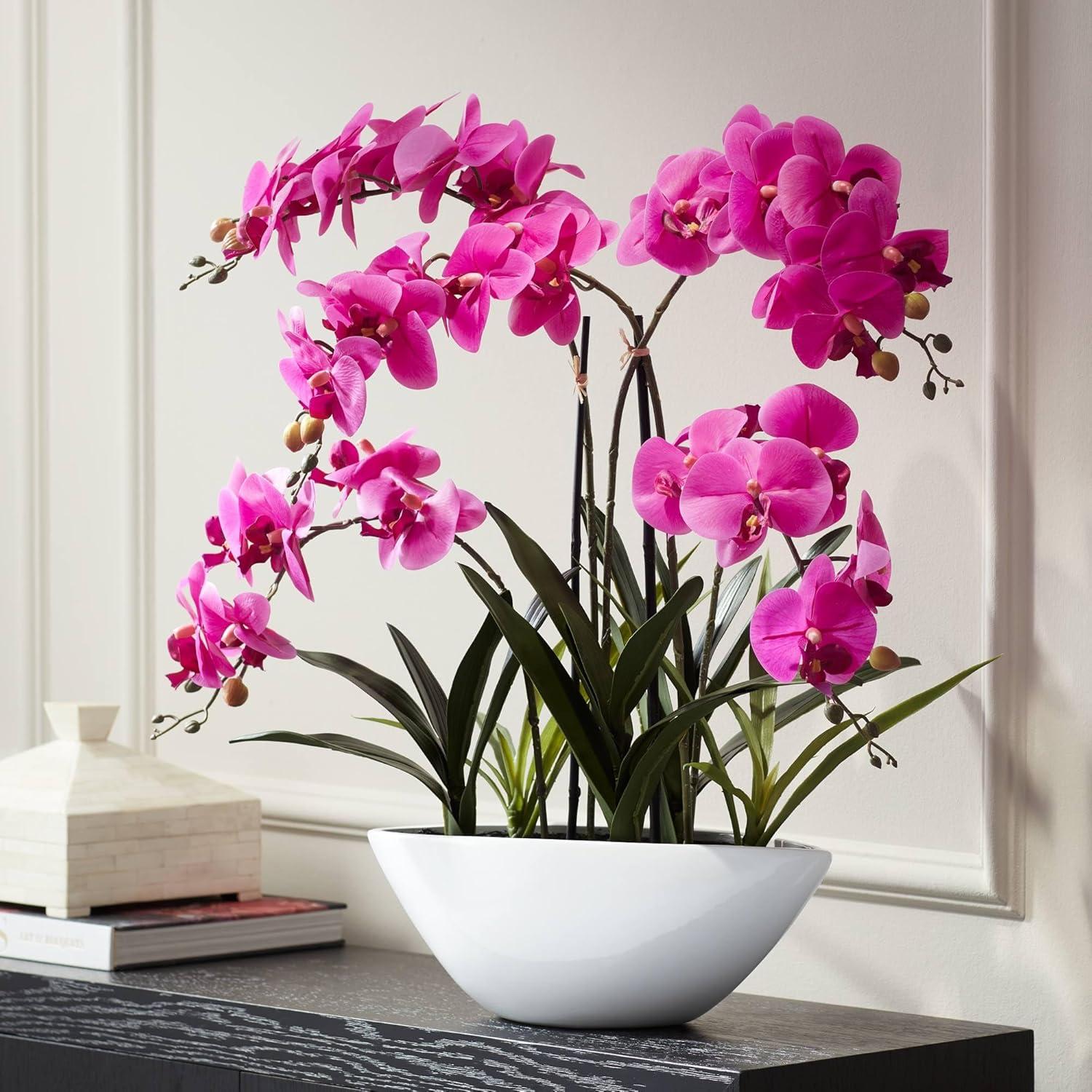 Dahlia Studios Potted Silk Faux Artificial Flowers Realistic Pink Orchid in Ceramic Pot for Home Decoration Living Room 28" High