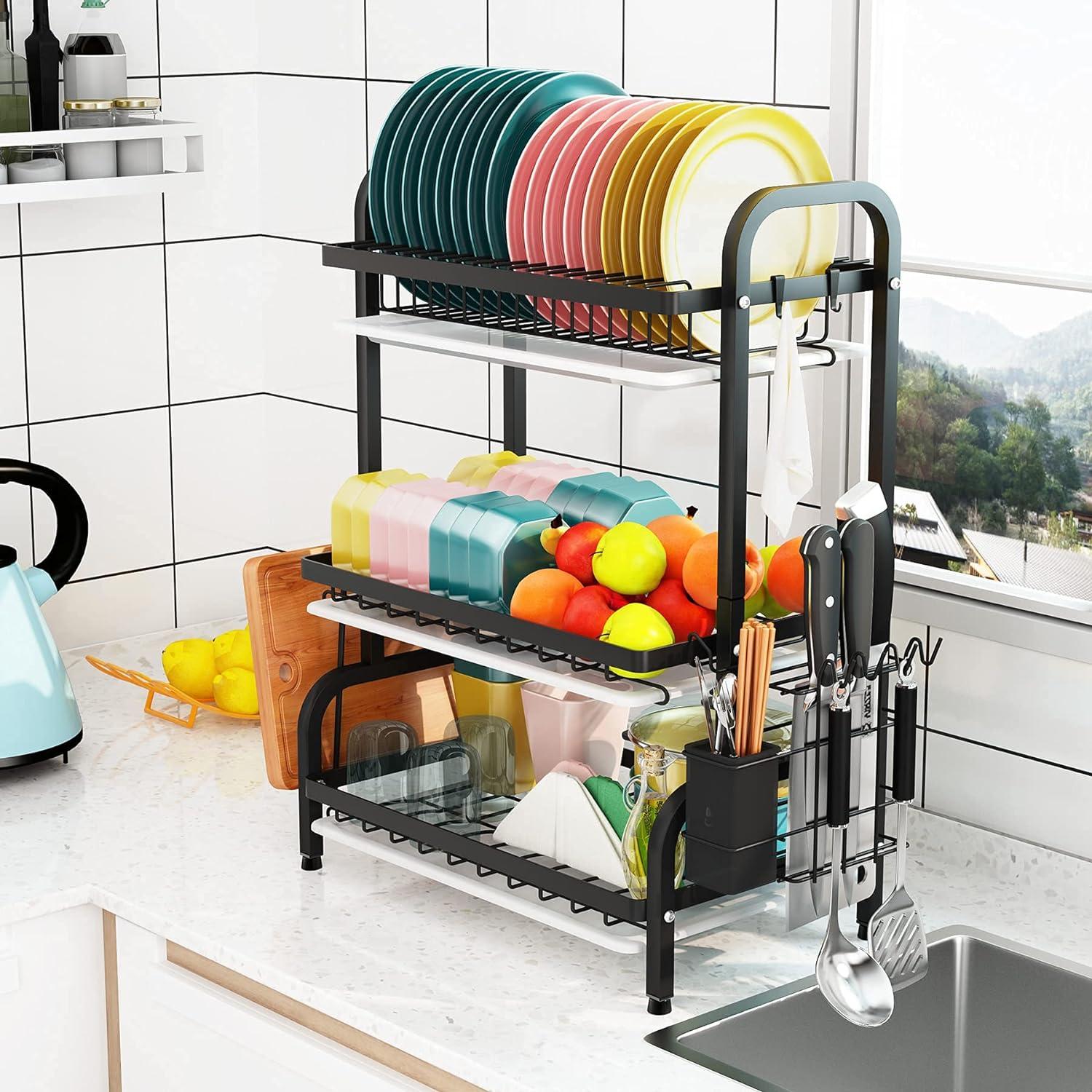 Cipaher Dish Drying Rack 3 Tier Dish Rack with Tray Utensil Holder Large Capacity for Kitchen Counter Organizer Storage