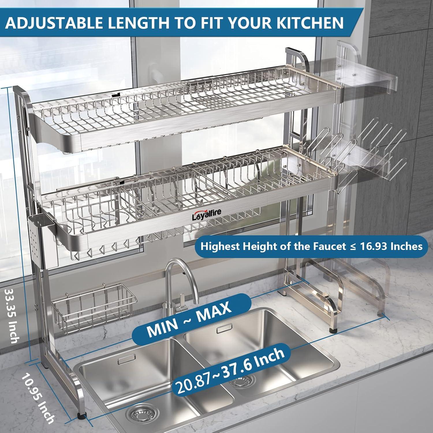 Adjustable Stainless Steel Over Sink Dish Drying Rack with Utensil Cup