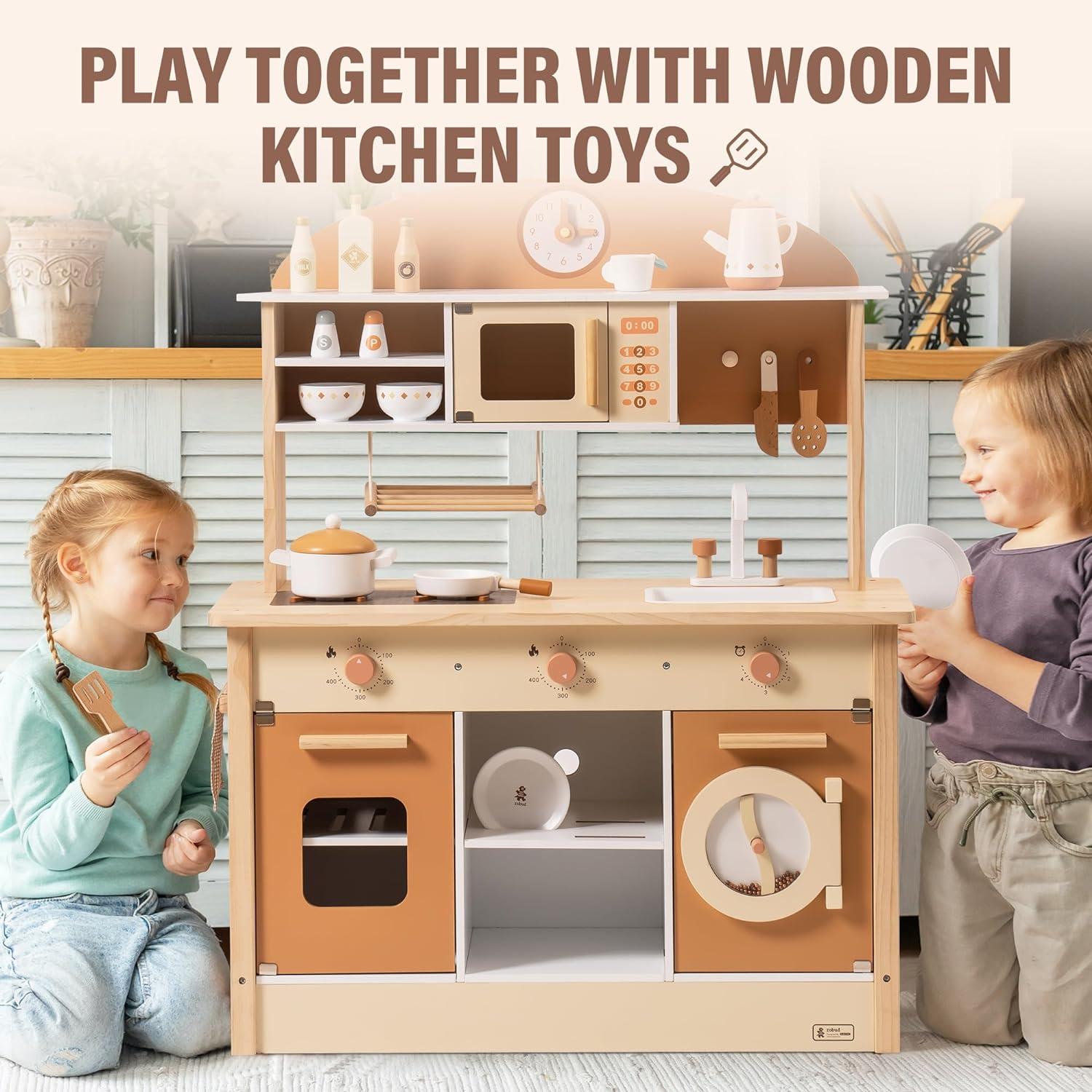 ROBUD Solid Wood Play Kitchen & Accessories Set, Preschool Kitchen Set, Kids Kitchen Playset