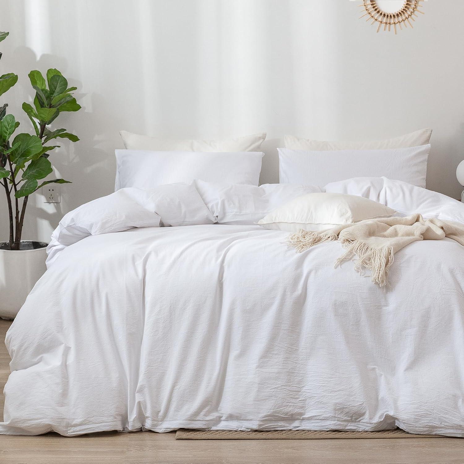 QUALITY FLOORING INC. Bedding Duvet Cover Set 100% Washed Cotton Linen Like Textured Breathable Durable Soft Comfy (Off White, King)