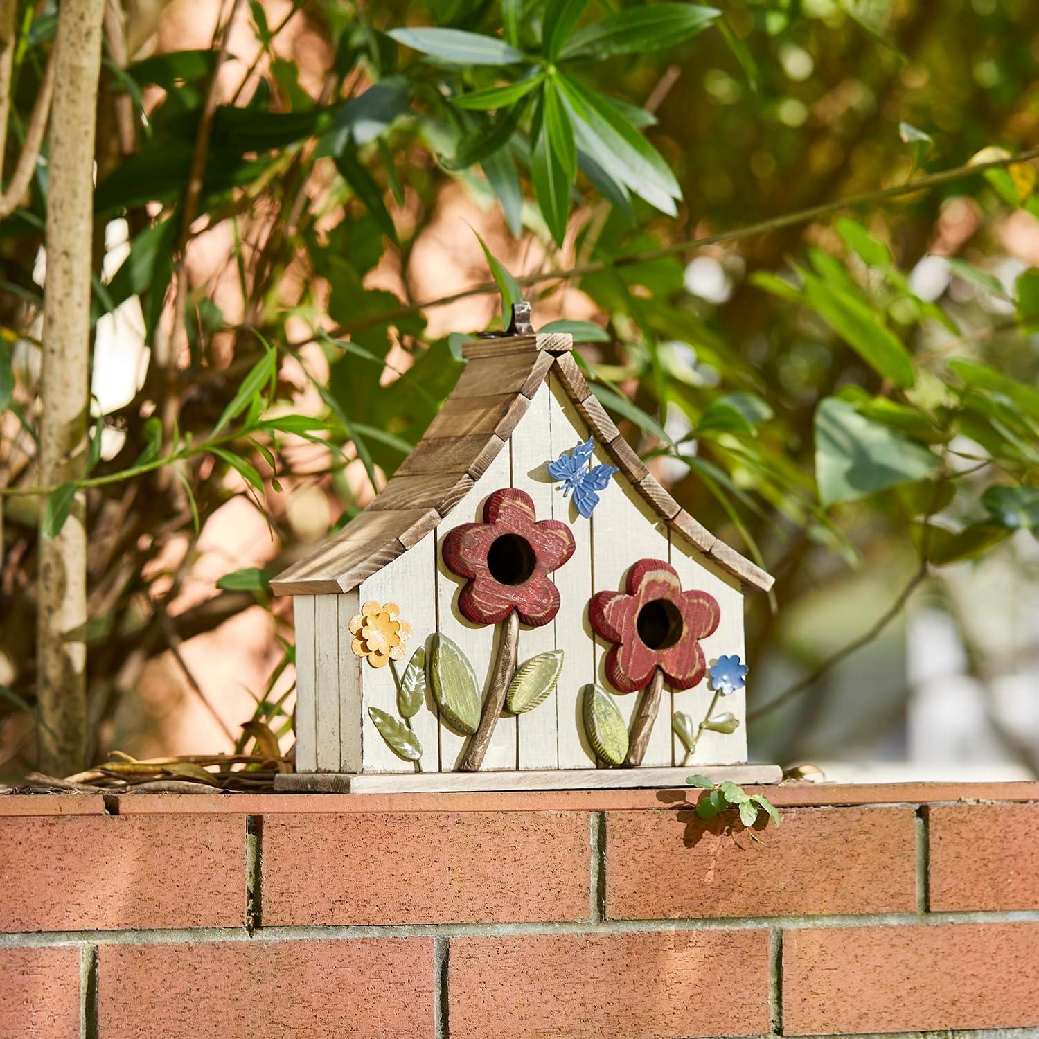 Distressed White Wooden Two-Story Garden Birdhouse with 3D Flowers