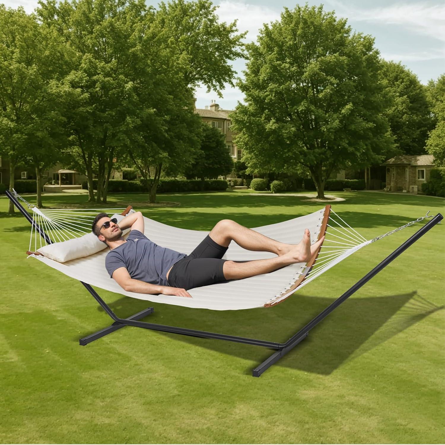 Cream Double Quilted Fabric Hammock with Bamboo Spreader Bars and Stand