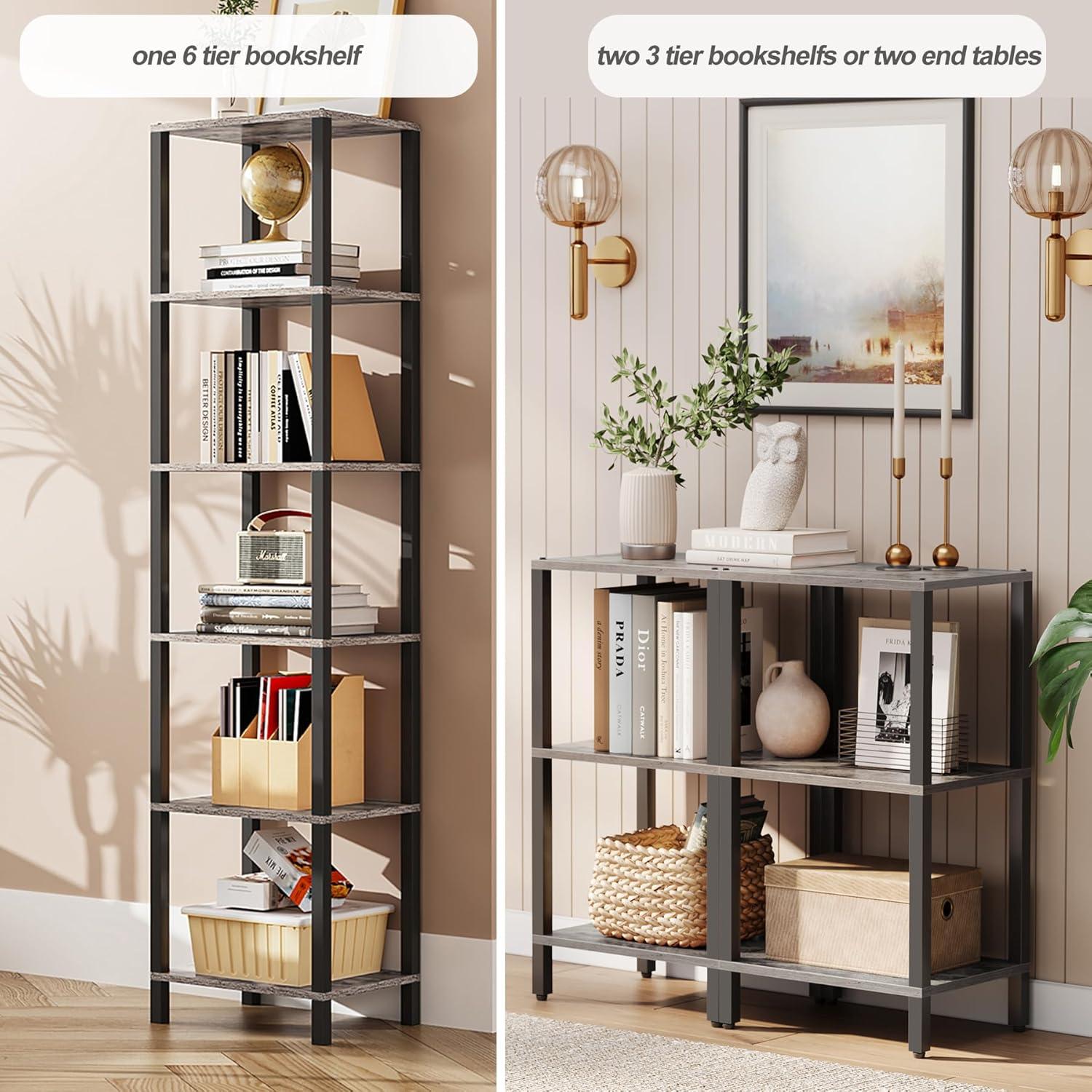 Greige and Black 6-Tier Tall Narrow Bookshelf