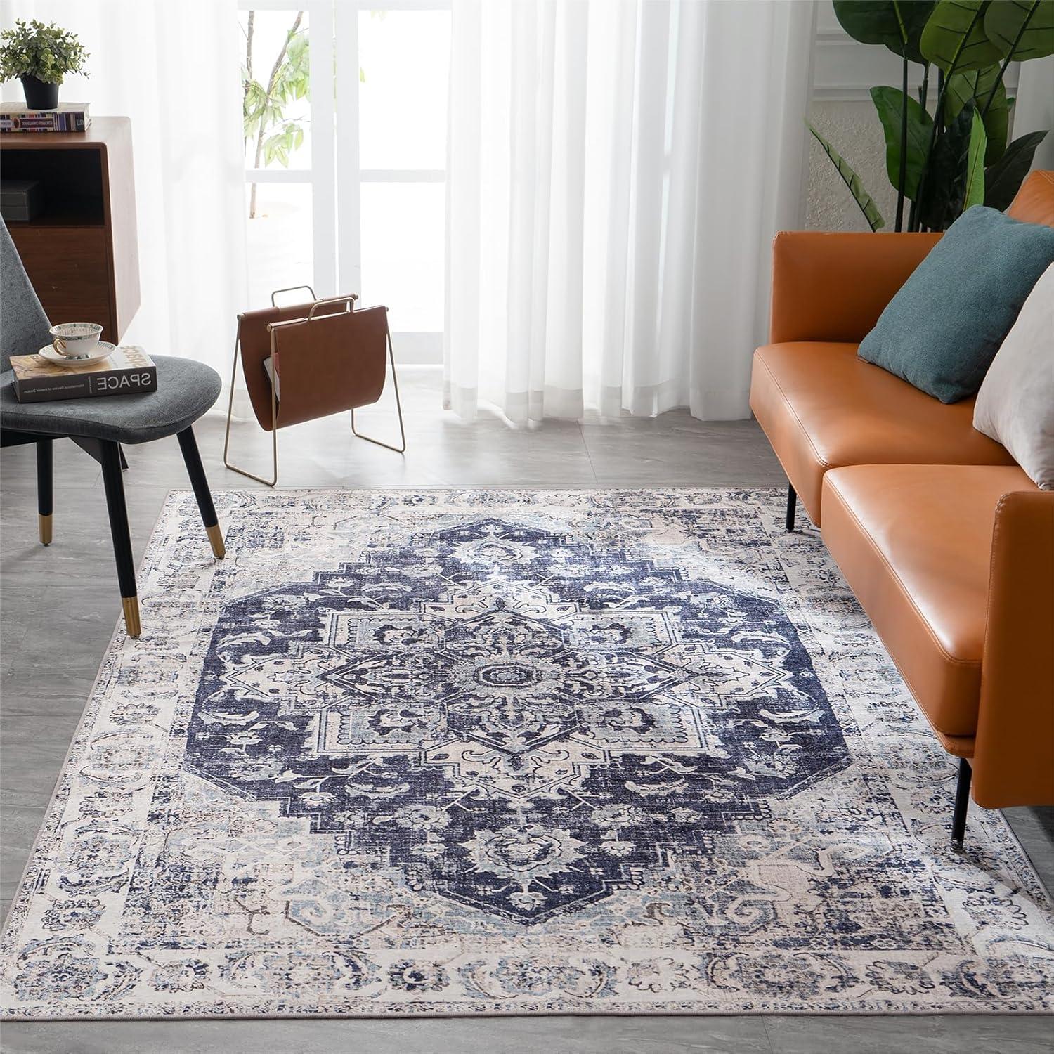 Washable Area Rug 5x7, Blue Rug for Living Room, Non Slip Low Pile Carpet for Bedroom, Dinning Room (Vintage Blue, 5'x7')