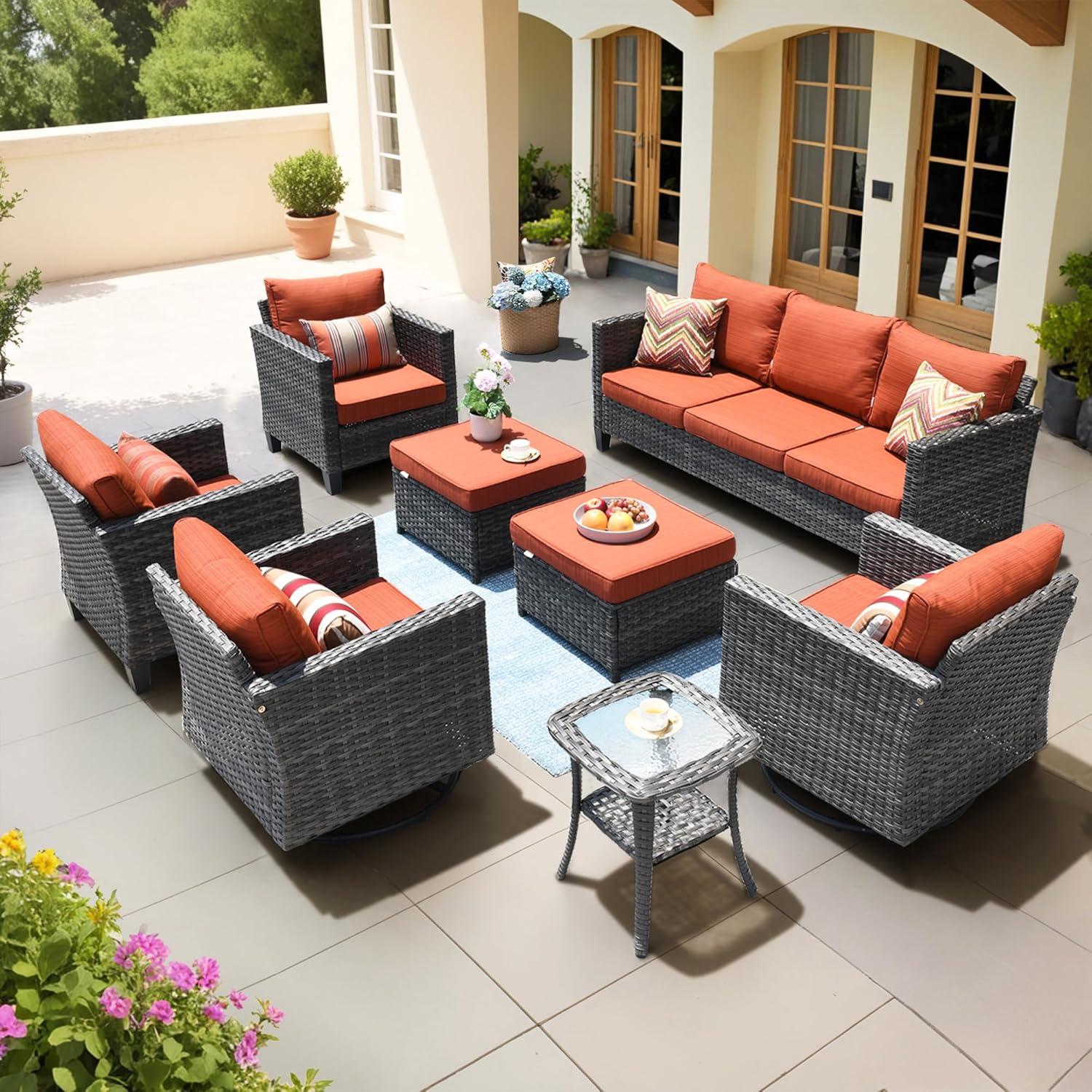 OVIOS  8-piece Rattan Wicker Patio Furniture Set Swivel Rocking Chair Set Red/Orange