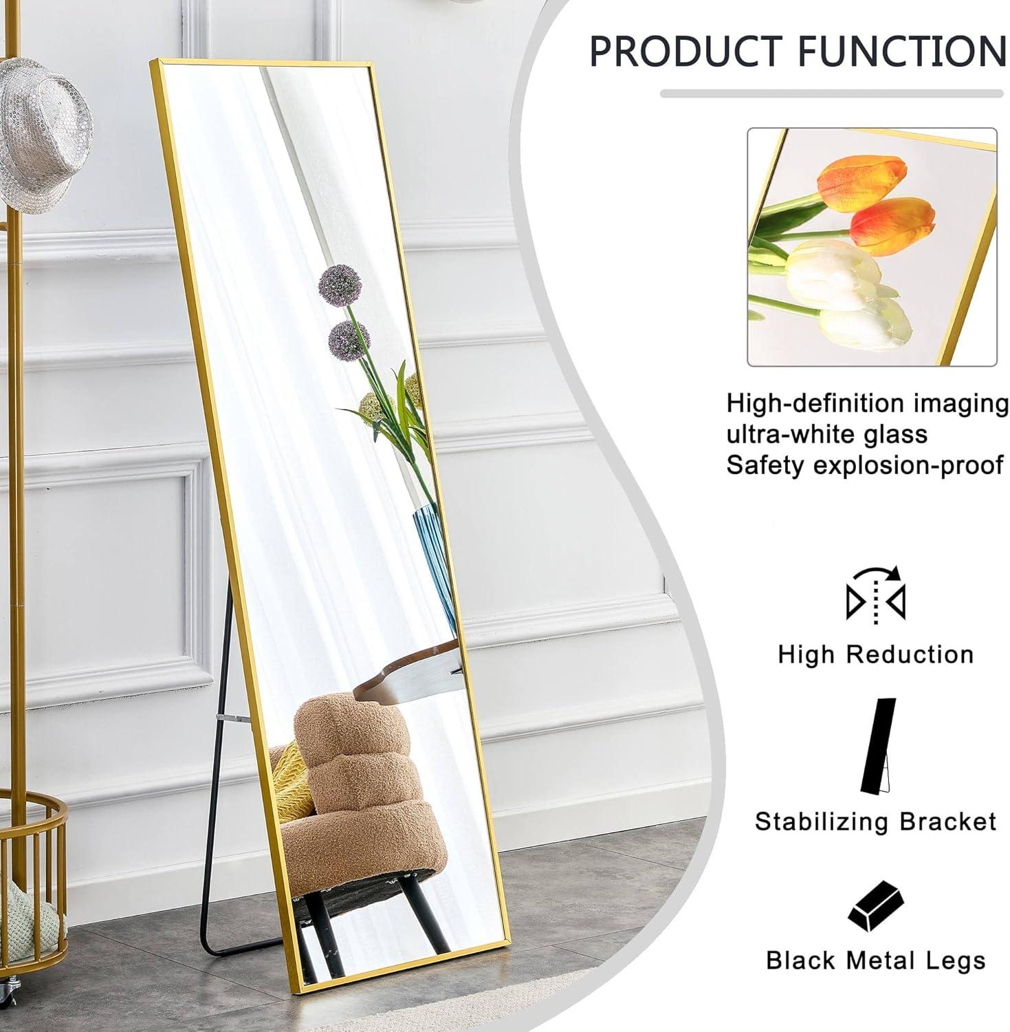 Full Length Mirror with Stand, 63""*20""Floor Mirror with Aluminum Alloy Frame, Standing Full Body Mirror,Wall-Mounted Mirrors,for Living Room,Bedroom,Cloakroom,Golden