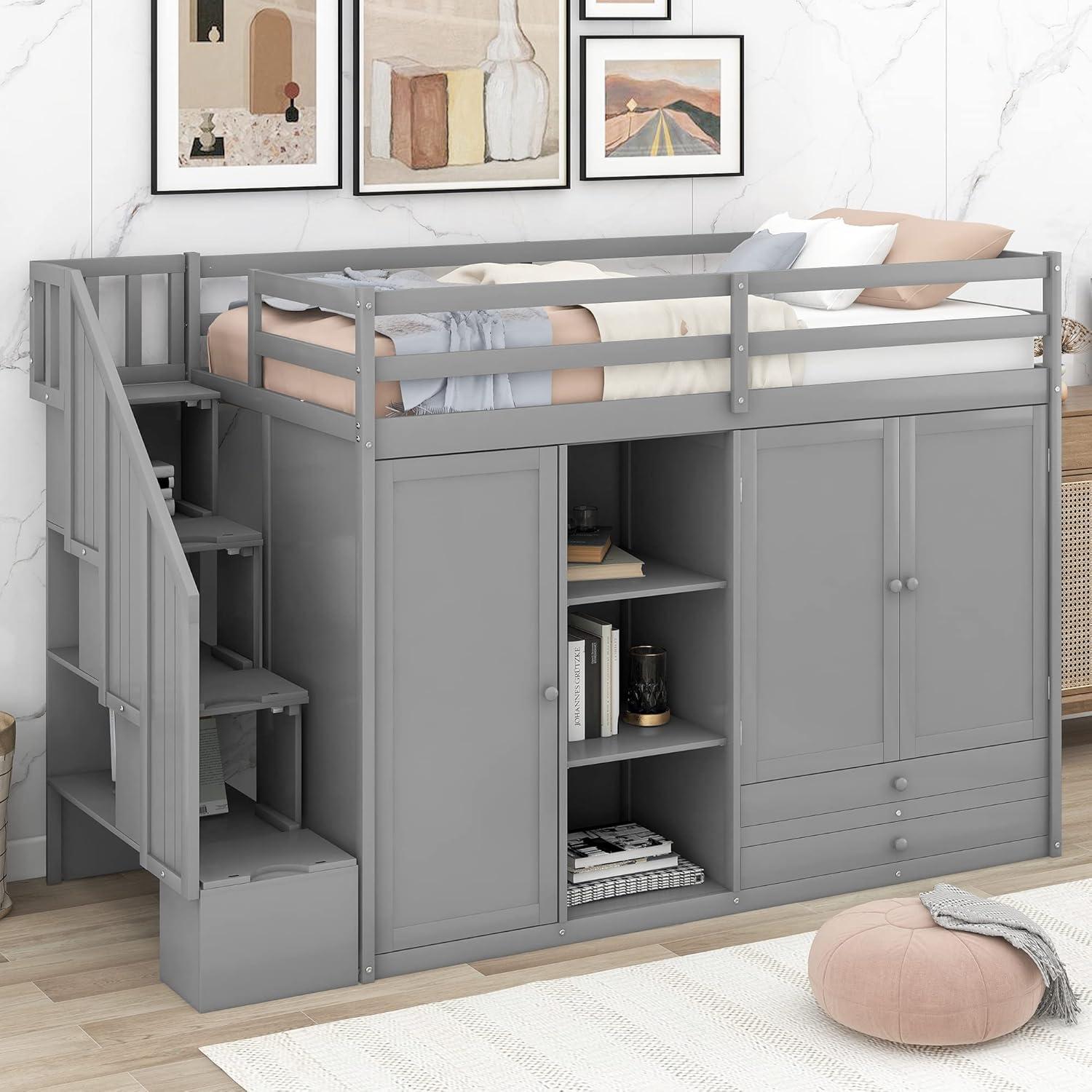 Harper & Bright Designs Twin Size Loft Bed w/ Storage Staircase & 2 Wardrobes, Kids Twin Loft Bed w/ 2 Drawers & 3 Shelves, Wood Loft Bed Frame for Kids Teens, No Box Spring Needed (Loft Twin, Gray)