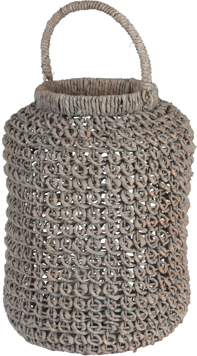 Creative Co-Op Medium Whitewashed Woven Water Hyacinth Lantern with Glass Insert & Handle