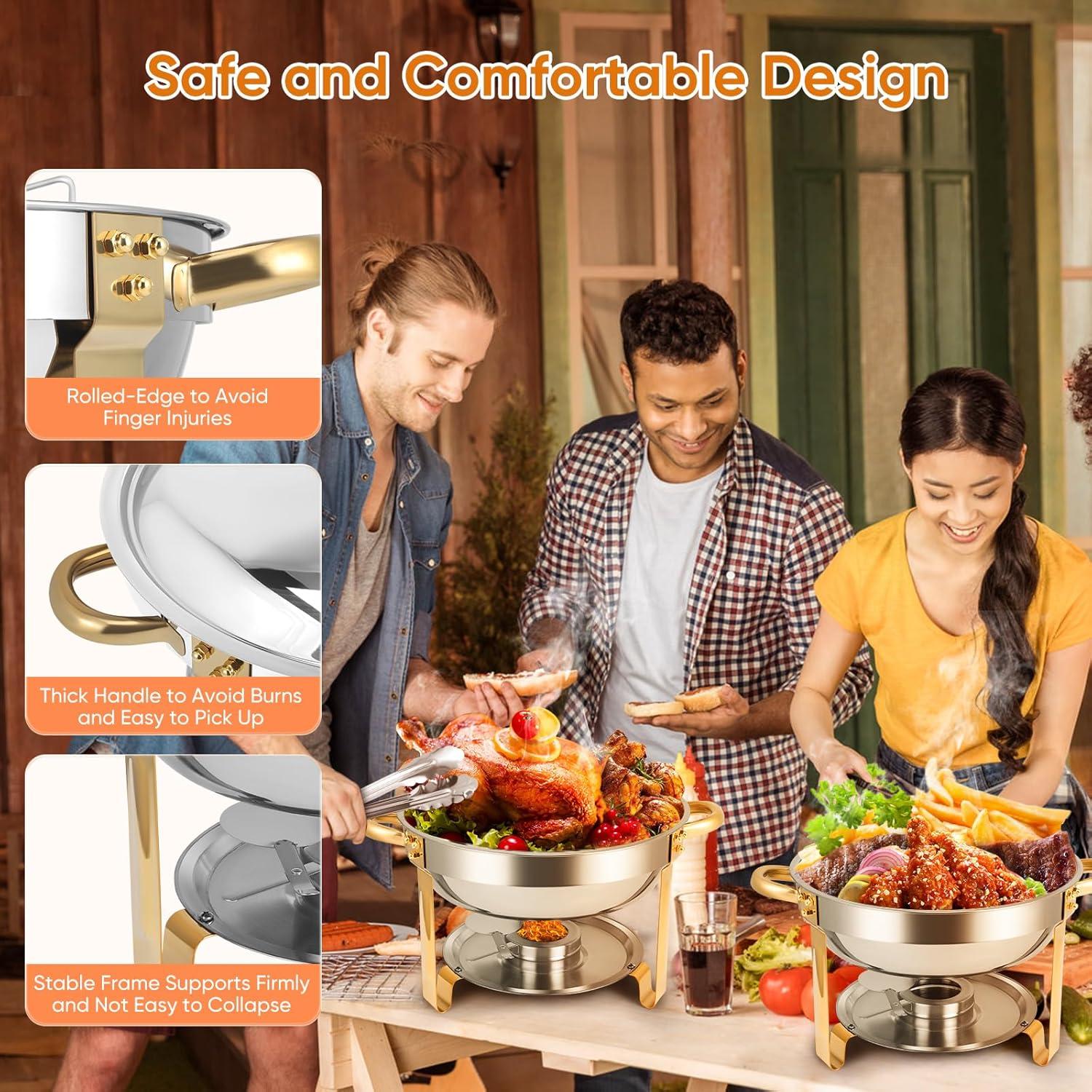 WhizMax Chafing Dish Buffet Set 2 Pack 5QT, Stainless Steel Round Chafing Dishes for Buffet with Lid Holder & Glass Lid, Gold