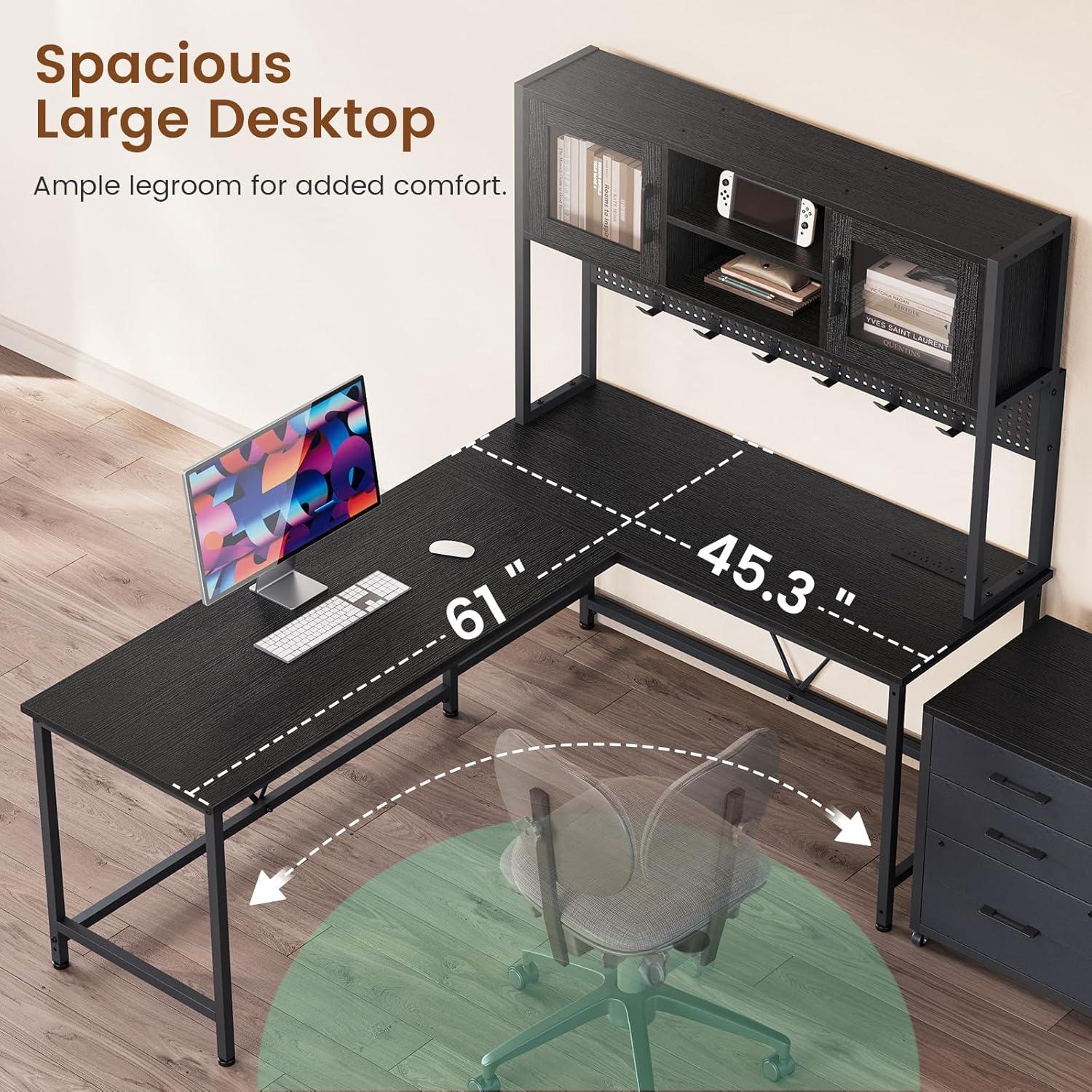 L-Shaped Computer Desk with LED Lights & Hutch & Pegboard, Reversible Gaming Desk with Monitor Stand & Drawers for Home Office, Black