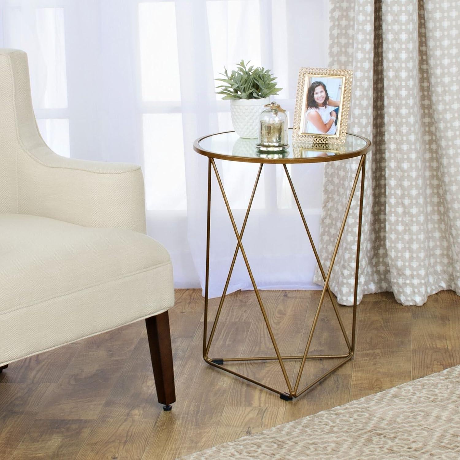 Modern Geometric Gold Metal Round Side Table with Mirrored Top