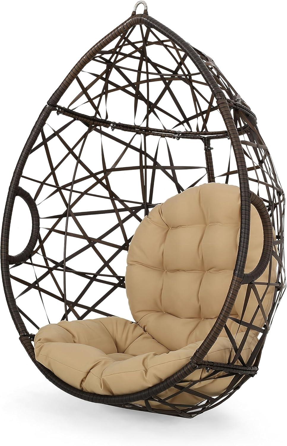 Cayuse Wicker Tear Drop Hanging Chair - Brown/Tan - Christopher Knight Home: Outdoor Patio Swing with Cushion