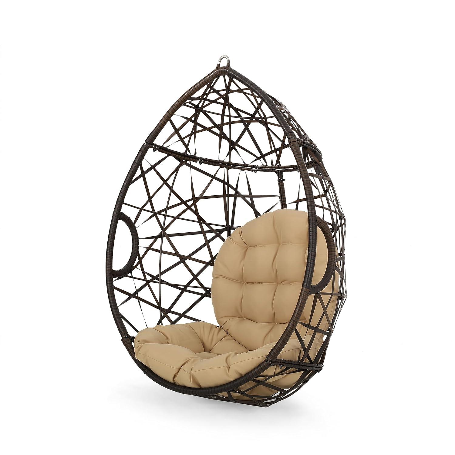 Cayuse Wicker Tear Drop Hanging Chair - Brown/Tan - Christopher Knight Home: Outdoor Patio Swing with Cushion