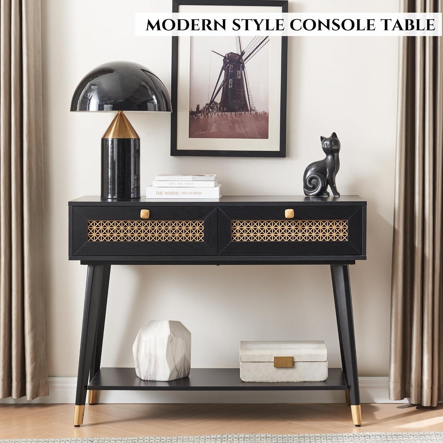 JYED Mid Century Modern Console Table with Gold Accent - 66" Entryway Table with Drawers, Faceted Taper Legs & Ventilated Storage for Hallway (Black)