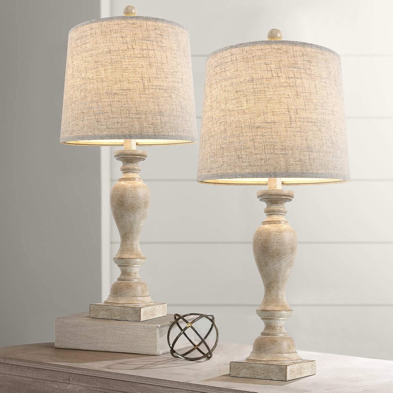 24.5" Mid Century Table Lamp Set Of 2 For Living Room Farmhouse Linen Bedside Lamps For Bedroom Kids Room Dorm Office Rustic Lamps For End Table Nigntstand Resin
