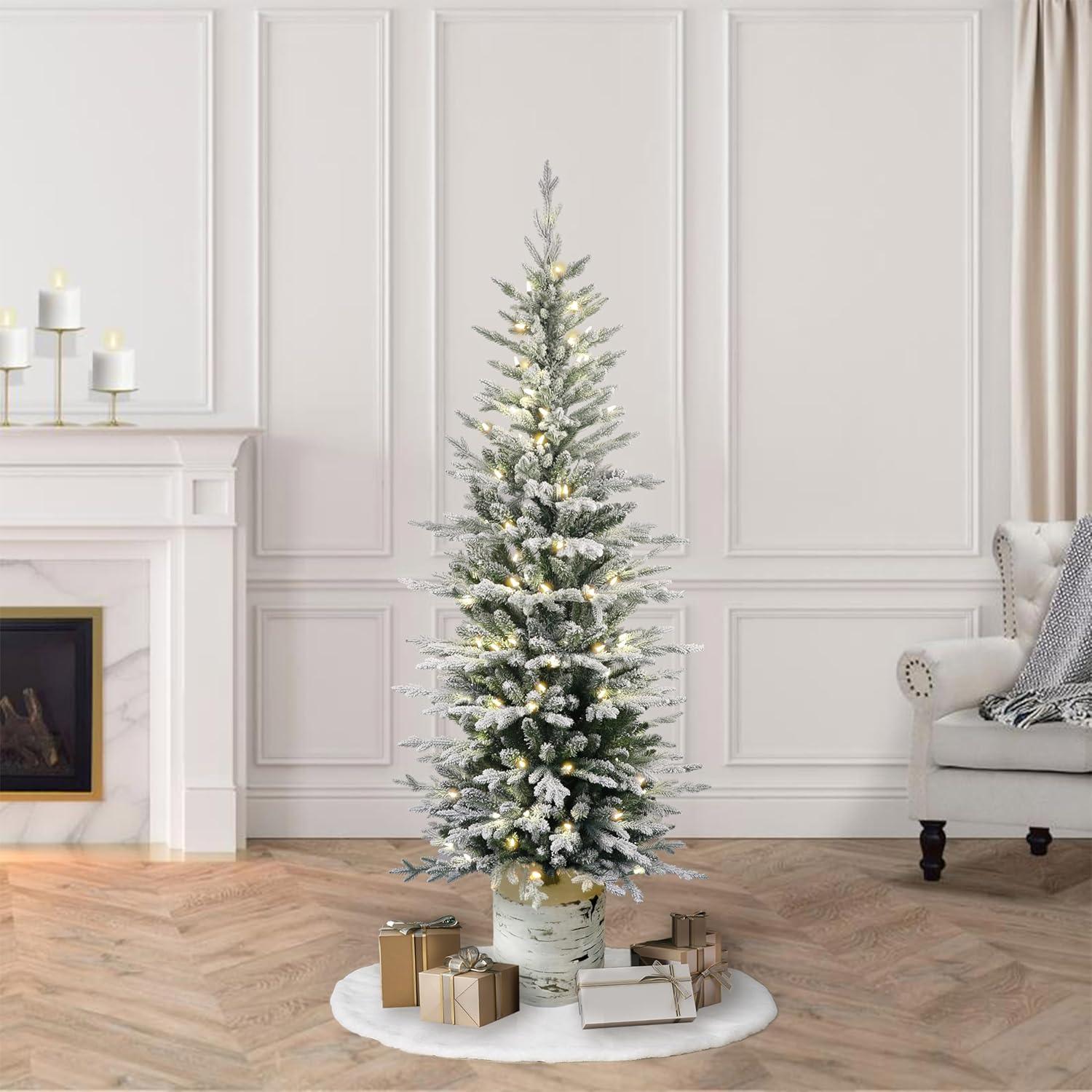 6-Foot White Flocked Fir Prelit Potted Christmas Tree