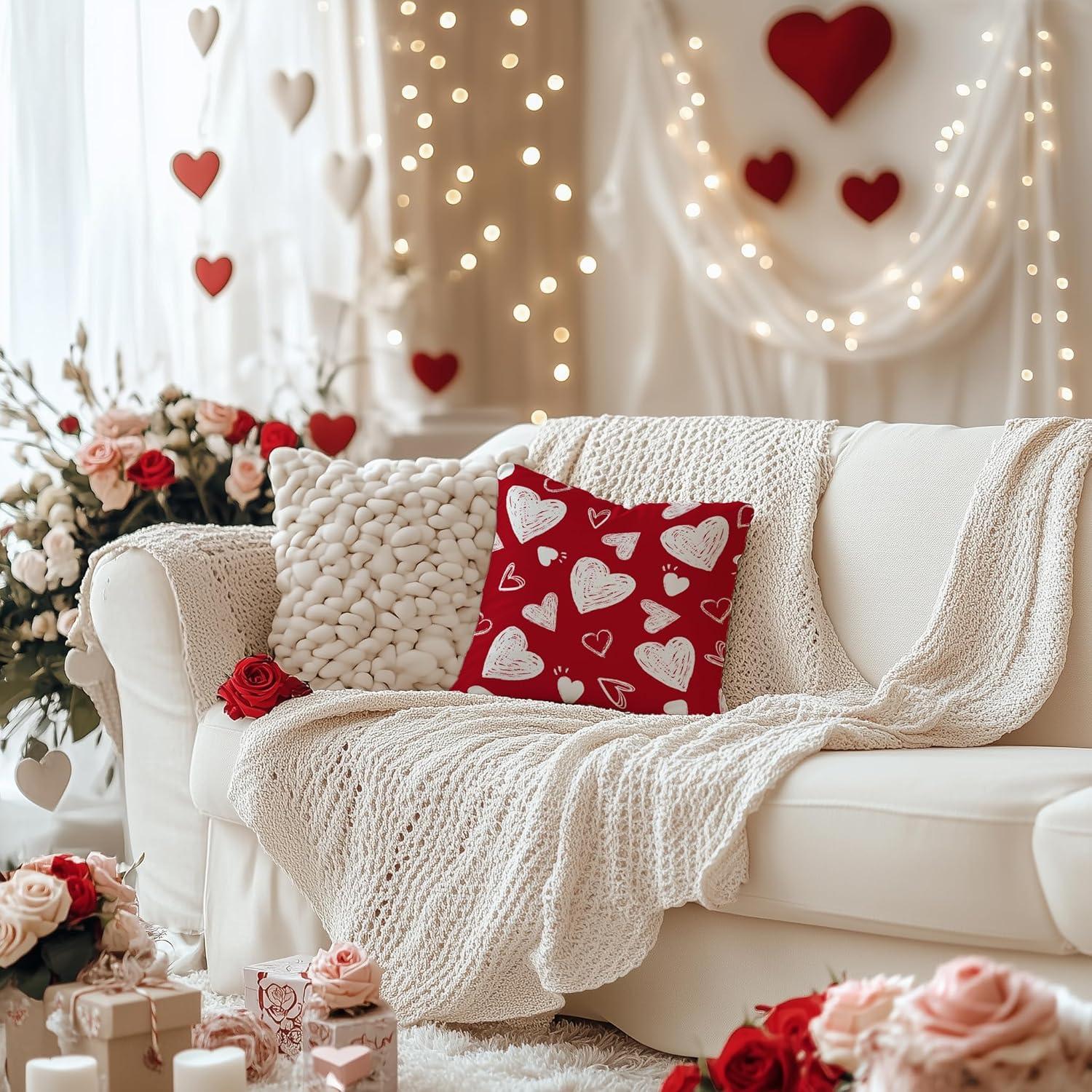 Red and White Polyester Valentine's Day Heart Pillow Covers 18x18 Inch Set