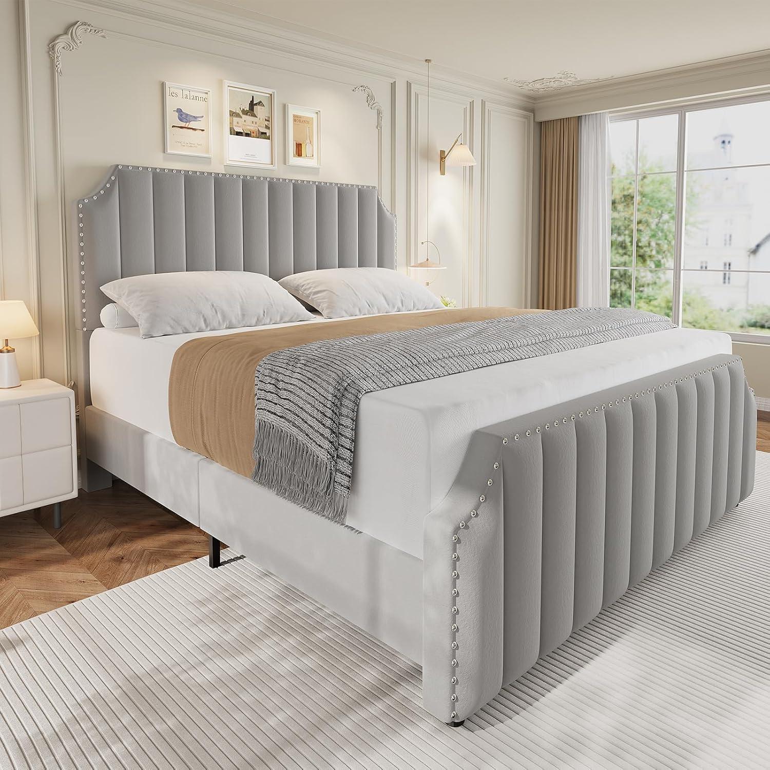 Queen Size Platform Bed Frame with 50.2" Headboard, Velvet Upholstered Bed Frame Queen with Vertical Channel Tufted Headboard & Footboard,Light Gray