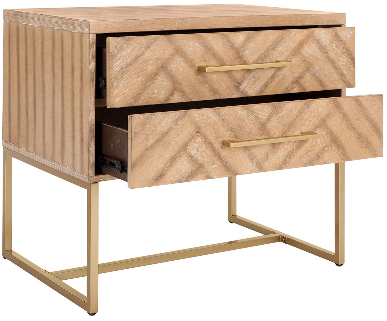Everly Quinn Stylish Brookelyne 30'' W Nightstand –Rustic Oak with Brass Leg & 2 Spacious Bedroom Storage Drawers
