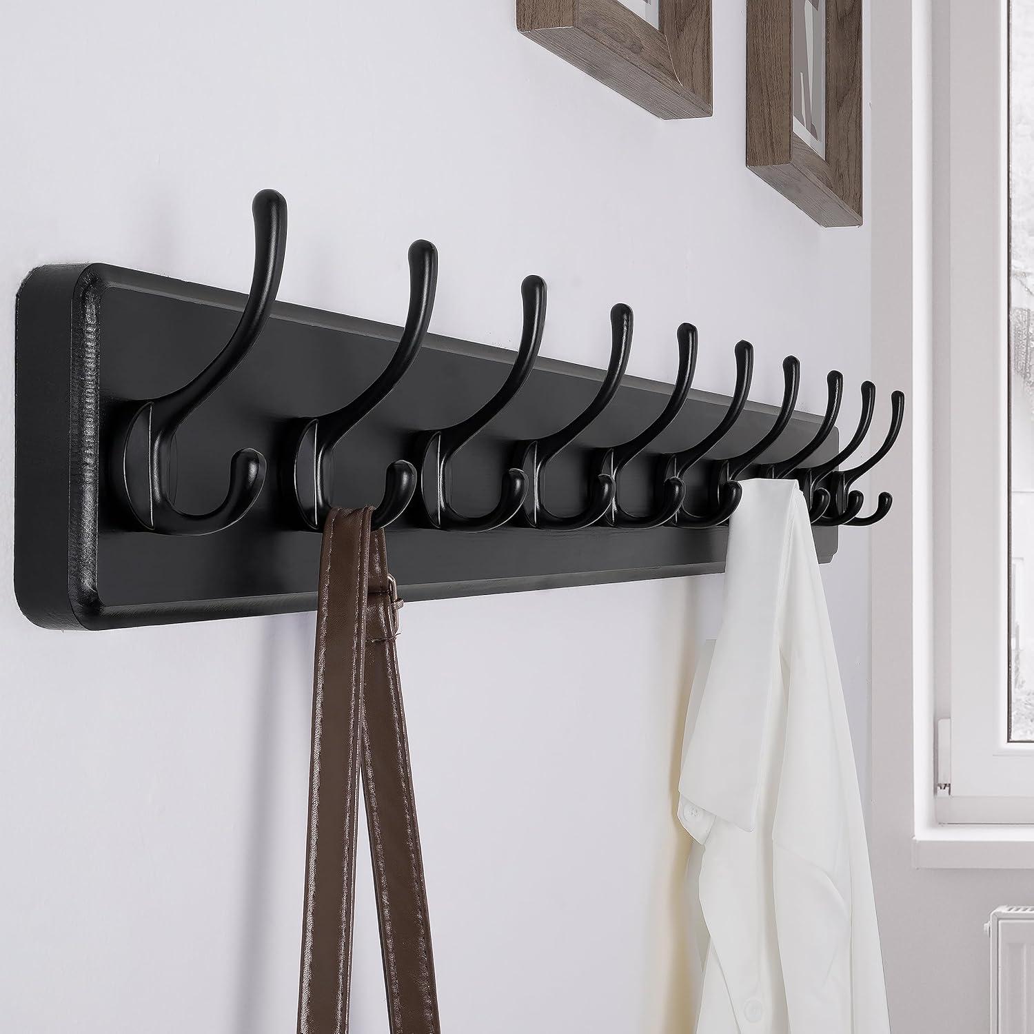 Large Black Pine Wood Wall Mounted Coat Rack with 10 Hooks