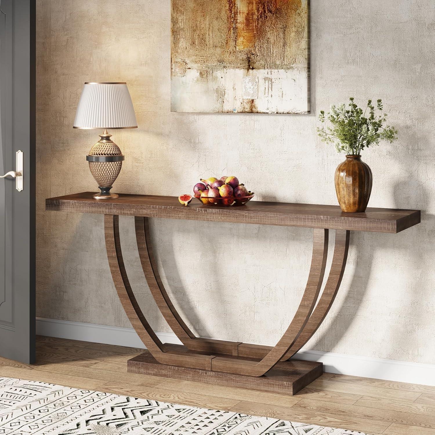 Tribesigns 63" Skinny Console Table with Geometric Base, Farmhouse Sofa Table Narrow Long, Thickened Behind Couch Table with Shelves for Living Room Foyer Corridor (Brown)