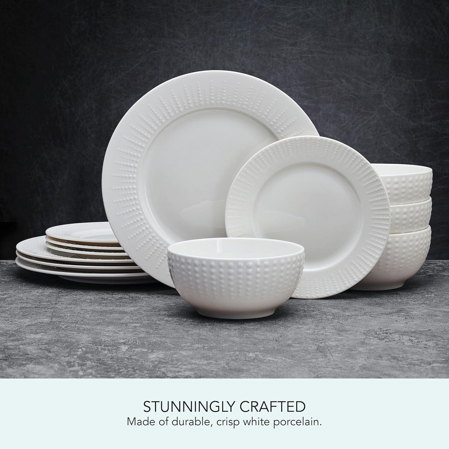 White Embossed Porcelain 12-Piece Dinnerware Set, Service for 4