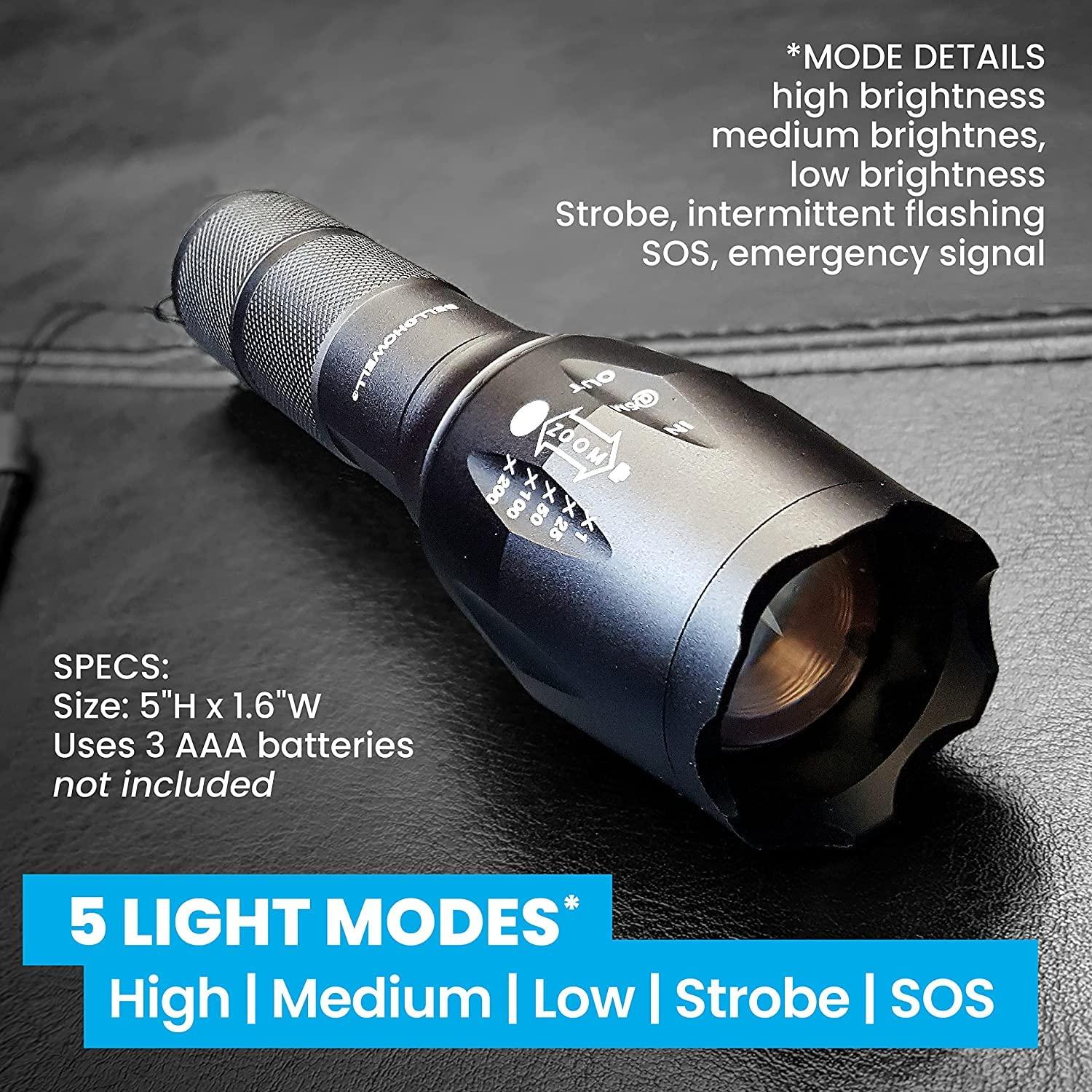 Bell+Howell TacLight Bright led Flashlight Tactical Flashlights Zoom Function 5 Modes 100,000 Hour Bulb Water Resistant Durable Mini Flashlight 5.4” x 1.6” Battery Powered 3X AAA