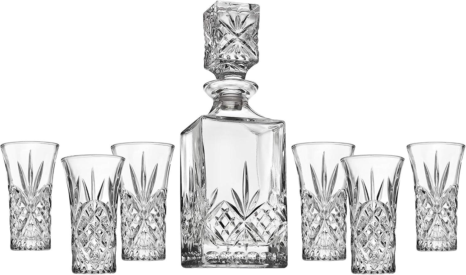 Godinger Silver 7pc Dublin Crystal Spirits Decanter and Shot Glass Set: Hand Wash, Dishwasher-Safe, Service for 6