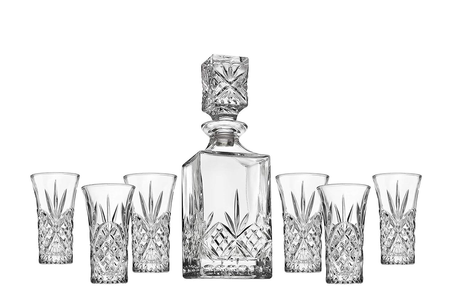 Godinger Silver 7pc Dublin Crystal Spirits Decanter and Shot Glass Set: Hand Wash, Dishwasher-Safe, Service for 6