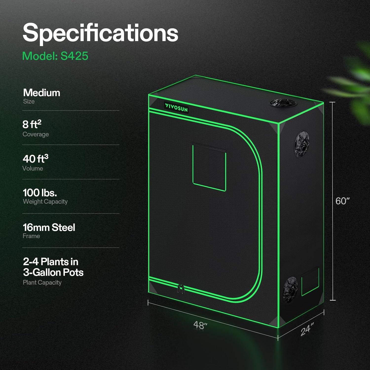 VIVOSUN S425 4x2 Grow Tent, 48"x24"x60" High Reflective Mylar with Observation Window and Floor Tray for Hydroponics Indoor Plant for VS2000