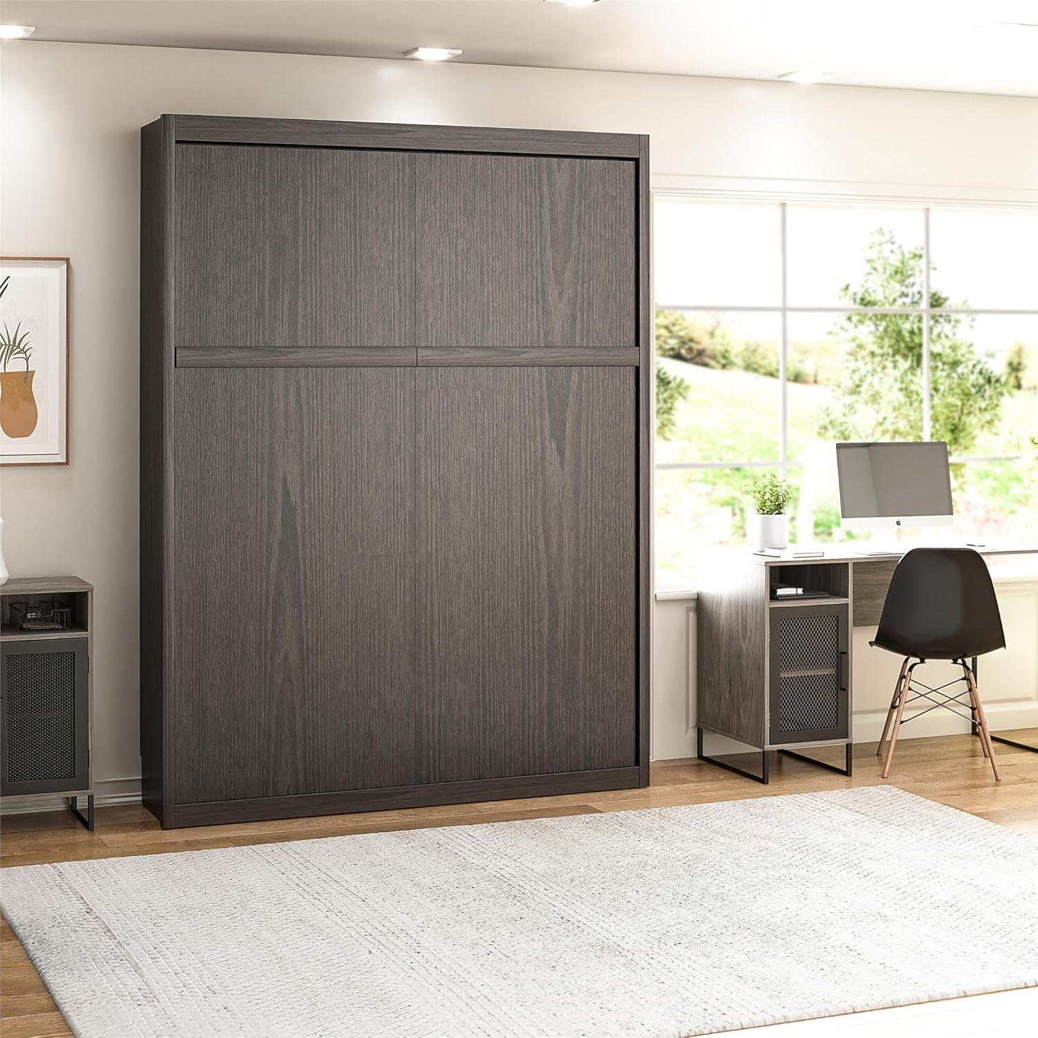 Columbia Walnut Full Size Murphy Bed with Storage and Slats