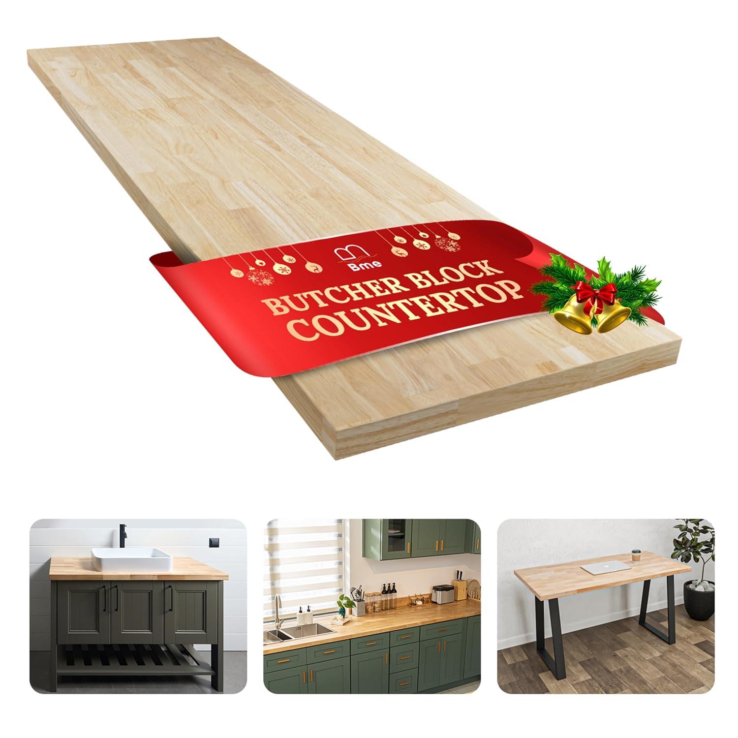 Bme Hevea Solid Wood Butcher Block Countertop, Unfinished Butcher Block Table Top for DIY Washer Dryer/Island/Kitchen Countertop, 3ft L x 25" W, 1.5in Thick