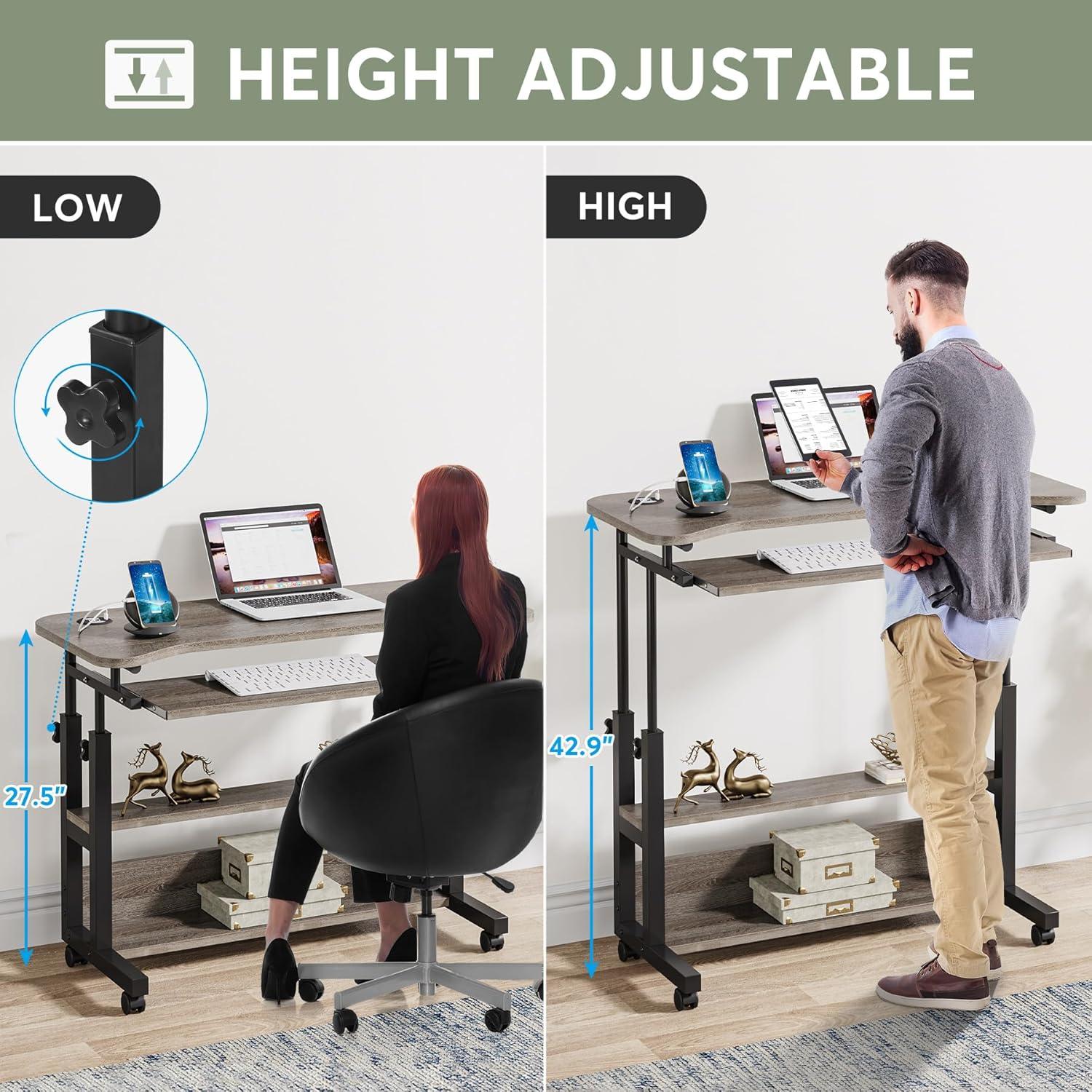 Gray Adjustable Height Laptop Cart with USB Port and Drawer
