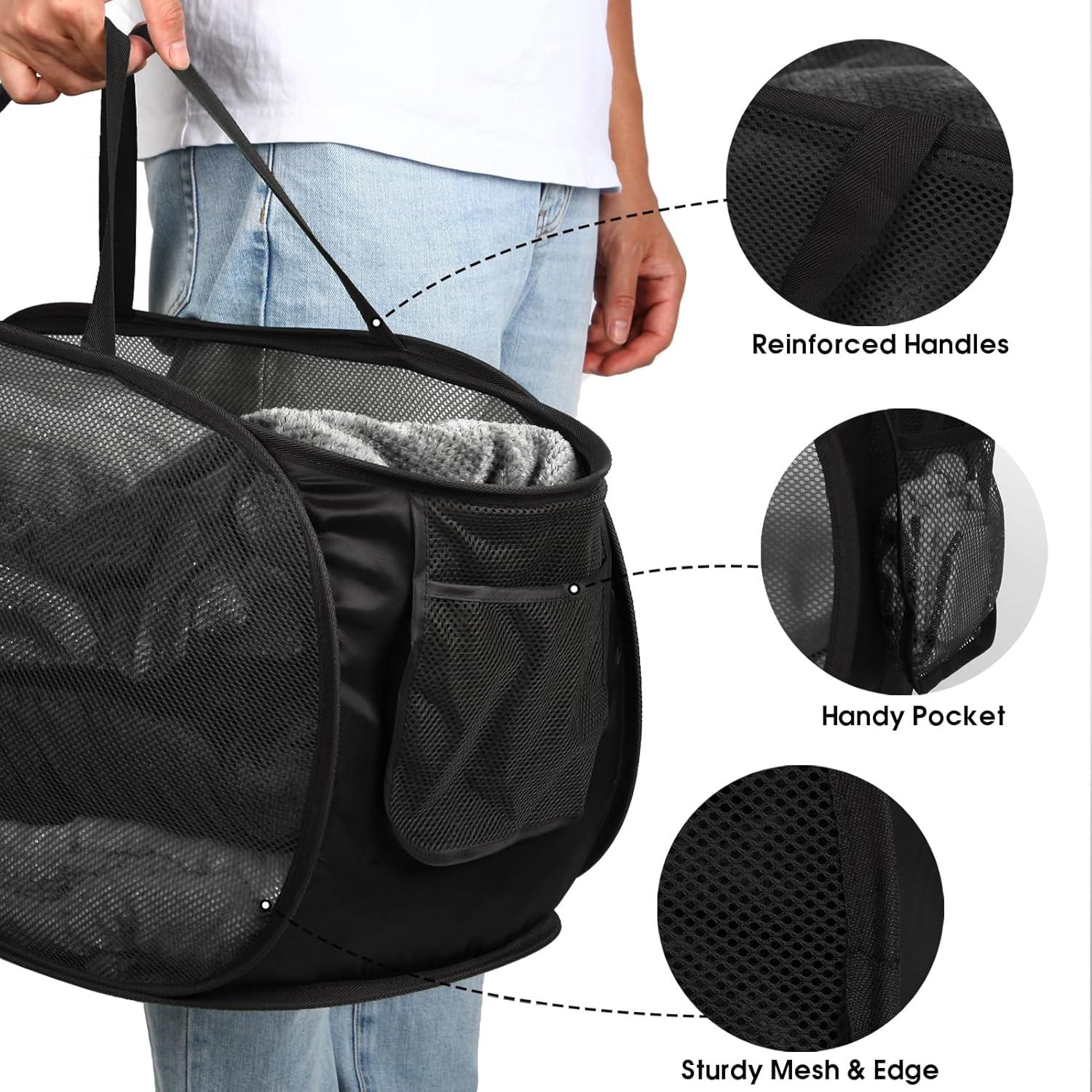 Durable Collapsible Laundry Baskets, Mesh Pop Up Laundry Hamper with Side Pocket, Foldable Clothes Storage Hamper with Reinforced Carry Handles for Laundry, Bathroom, Kids Room, Dorm or Travel Grey