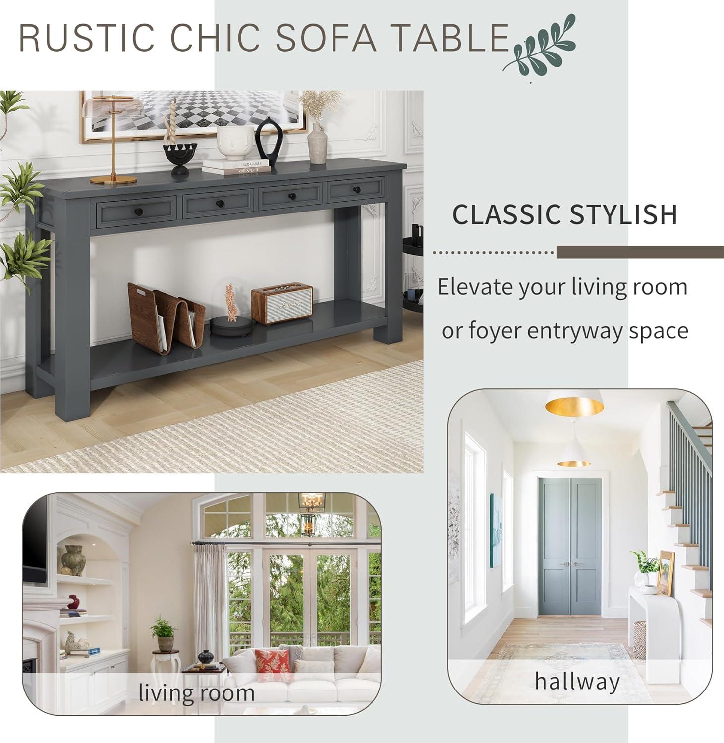 Knocbel Console Table Hallway Sofa Entryway Side Table 63" Long Furniture with 4 Drawers and Bottom Shelf for Living Room Home Decor, Tan