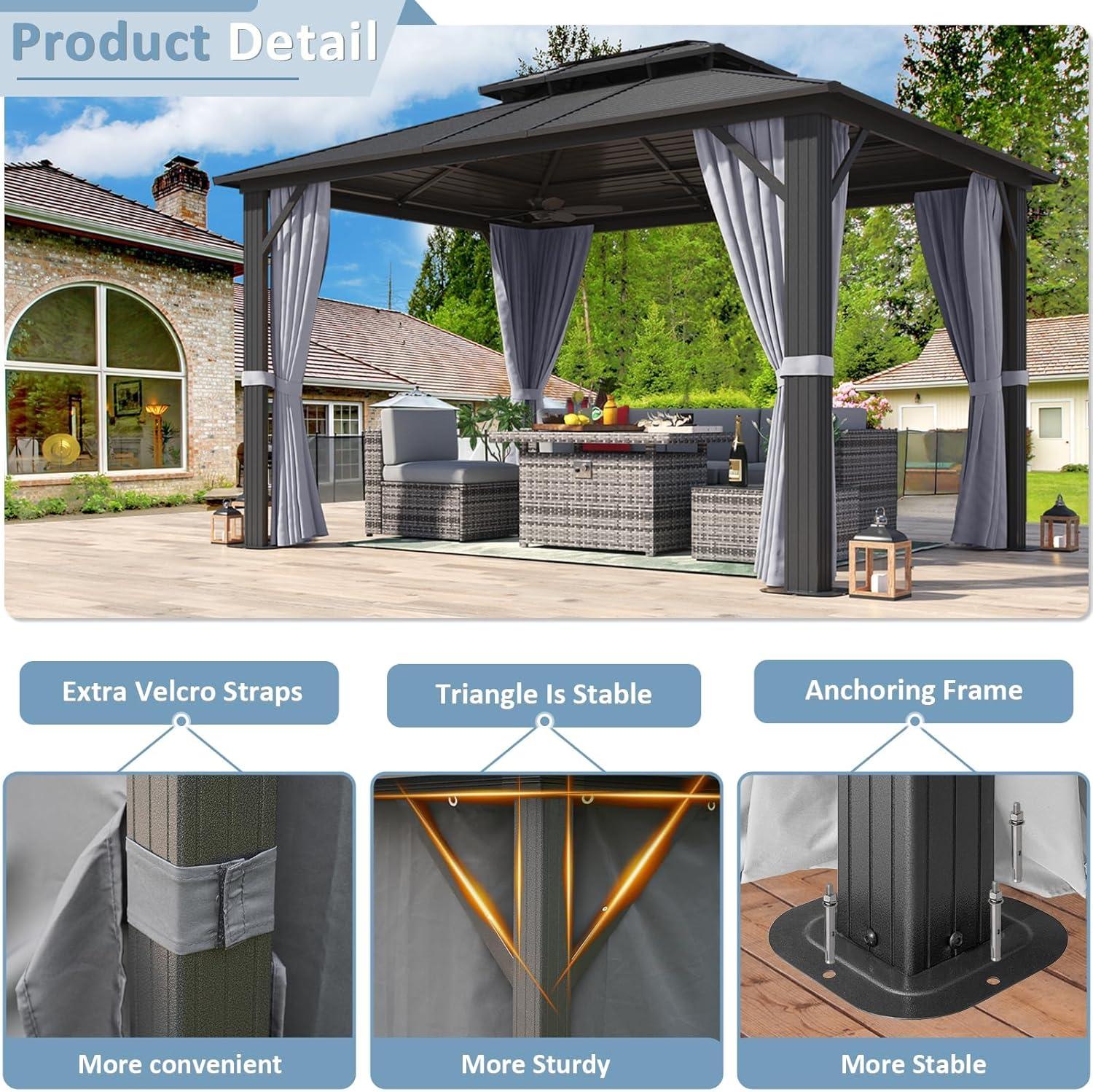 10'x12' Grey Aluminum and Steel Outdoor Gazebo with Curtains