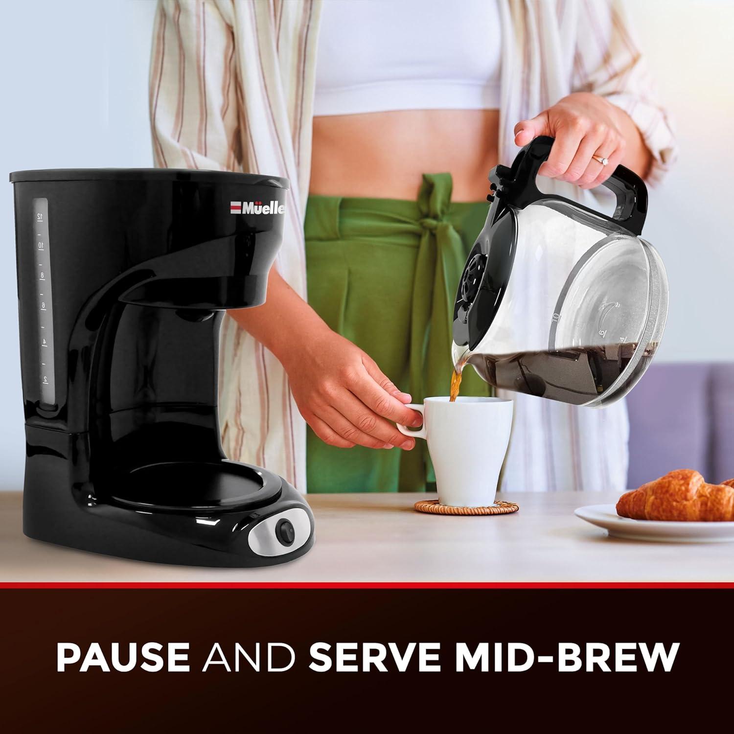 Mueller 12-Cup Drip Coffee Maker - Borosilicate Carafe, Auto-Off, Reusable Filter, Anti-Drip, Keep-Warm Function, Clear Water Level Window Coffee Machine, Kitchen Essentials & Accessories