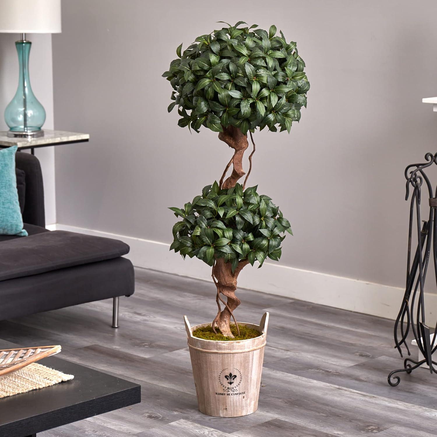 4.5' Artificial Sweet Bay Double Topiary Tree in Farmhouse Planter