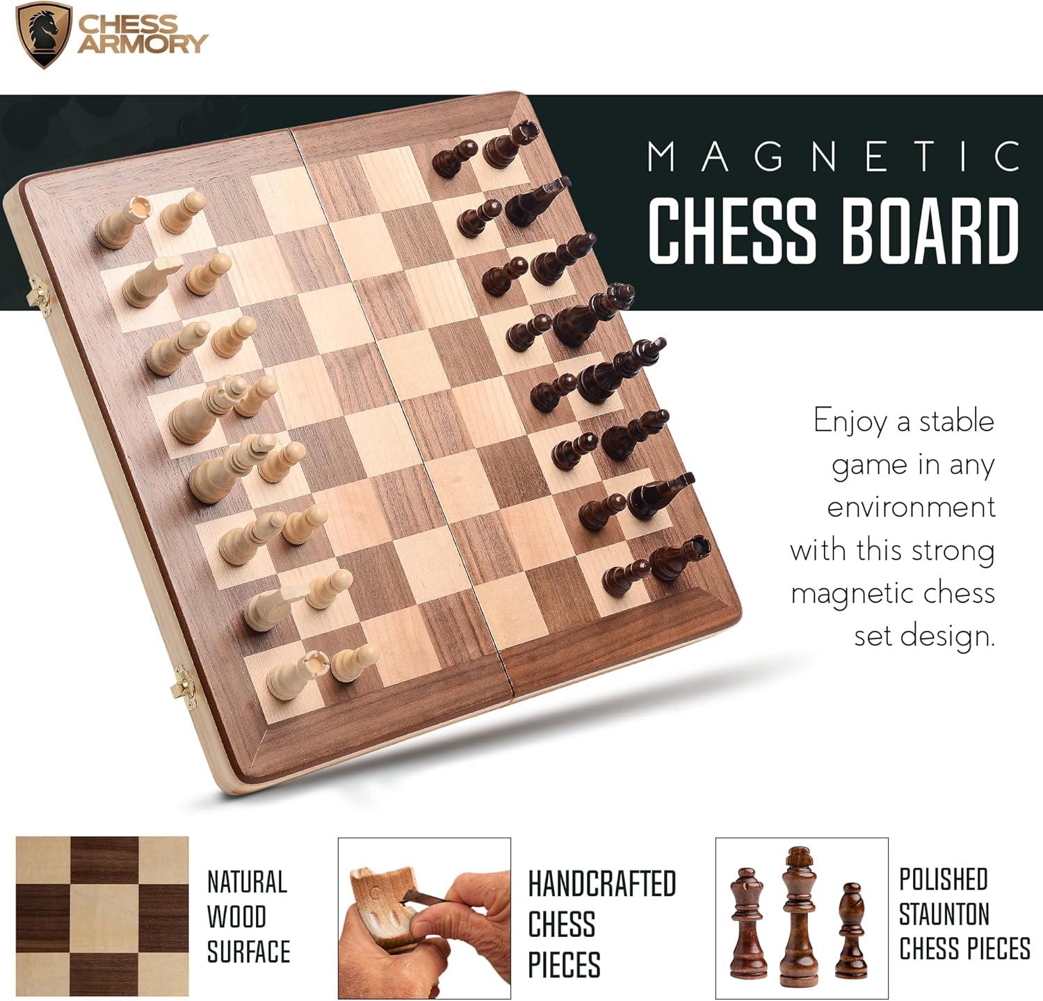 Chess Armory 15" Magnetic Wooden Chess Set with Extra Queens & Storage Box - Perfect for Adults & Kids