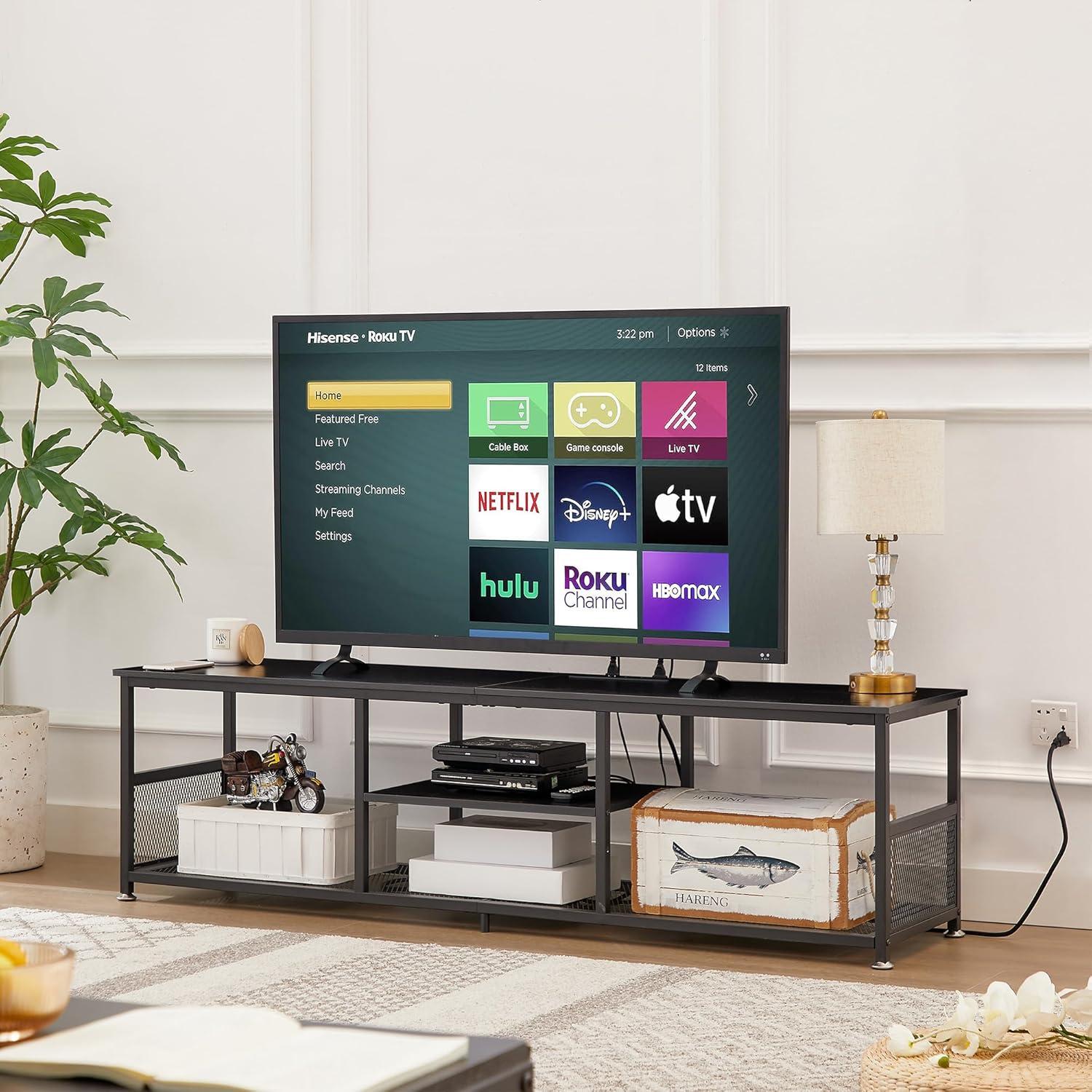 VECELO TV Stand with Power Outlets for Televisions up to 55 Inch, 47" Media Entertainment Center with Charging Station 3-Tier Open Storage Shelves with Metal Frame for Living Room/Bedroom，Black